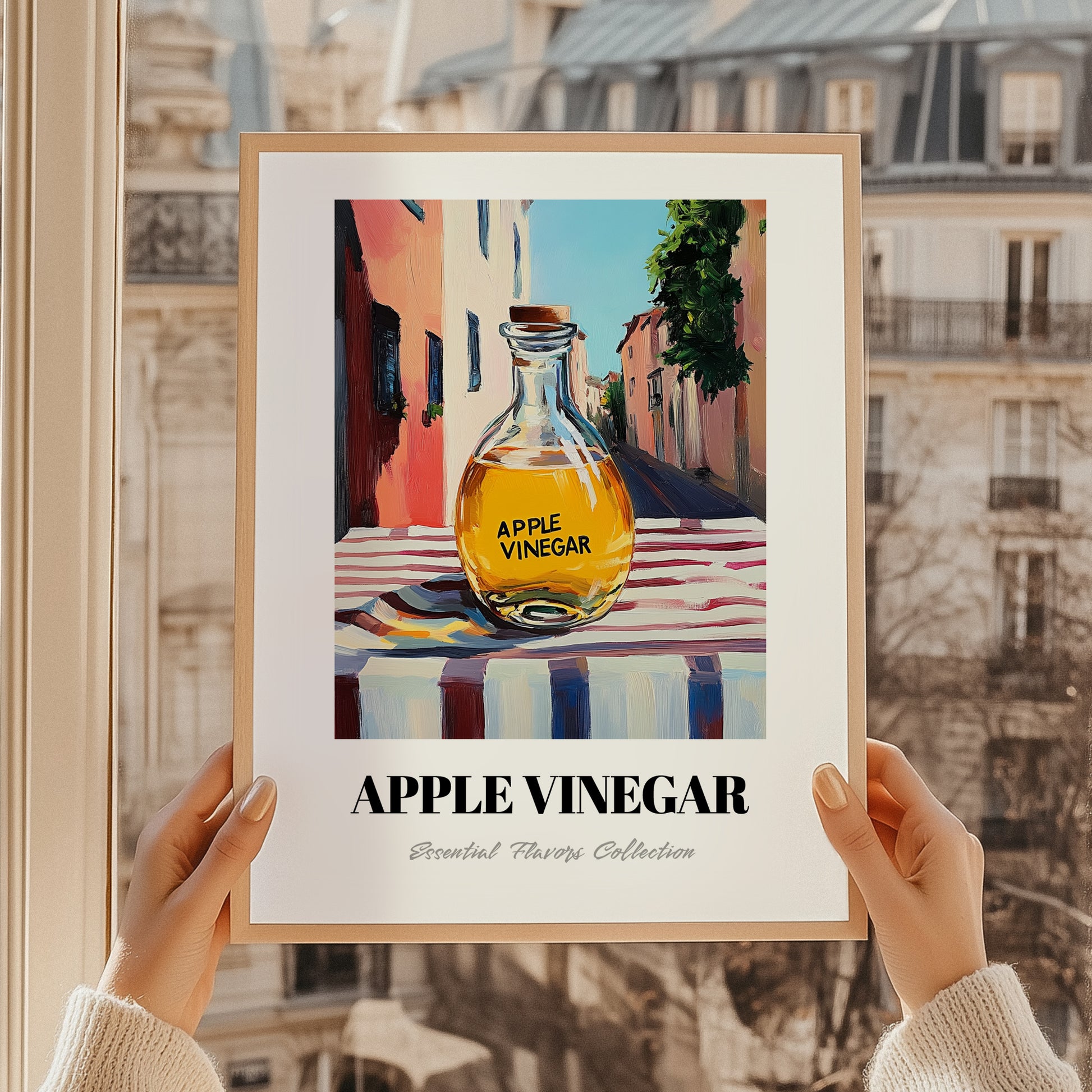 Apple Vinegar – Italian Urban Café Scene, Kitchen Storage Painting, styled in a charming Paris street view