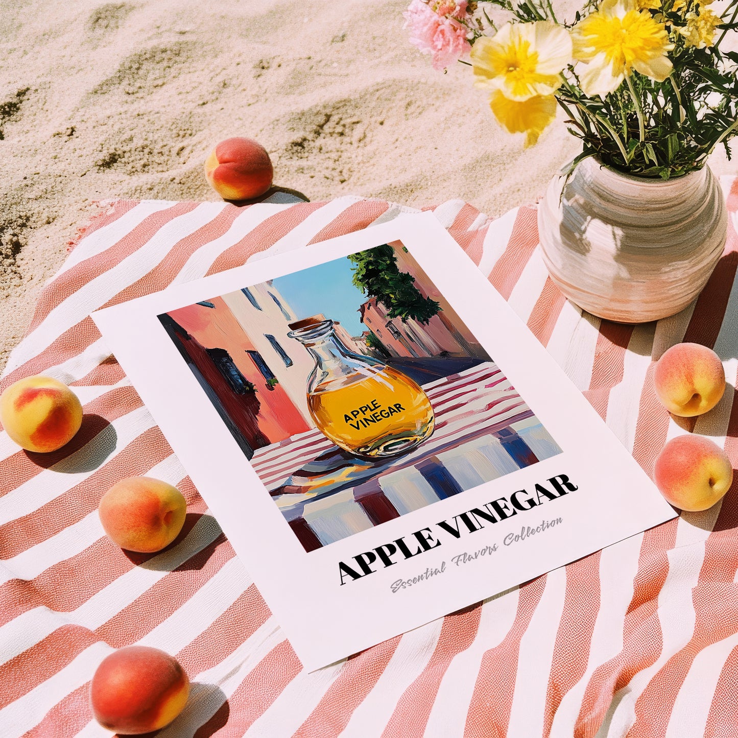 Apple Vinegar – Italian Urban Café Scene, Kitchen Storage Painting, unframed on coastal sand