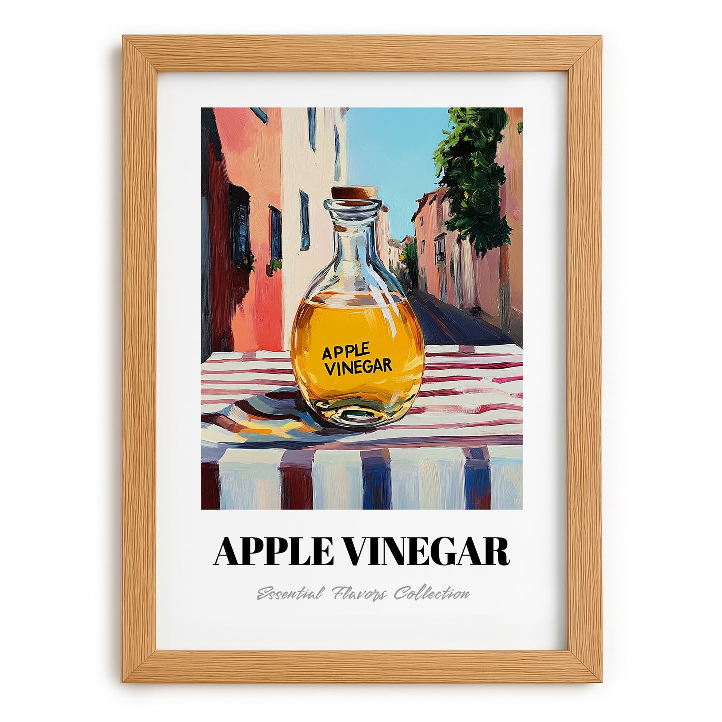 Apple Vinegar – Italian Urban Café Scene, Kitchen Storage Painting, set in oak frame