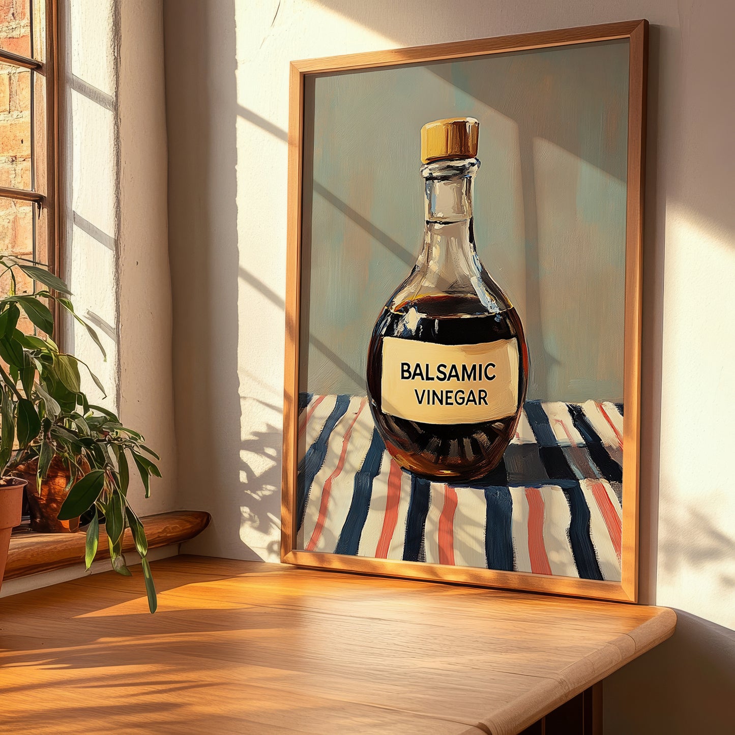 Balsamic Vinegar – on Striped Tablecloth, Pantry Painting, clean layout with no caption