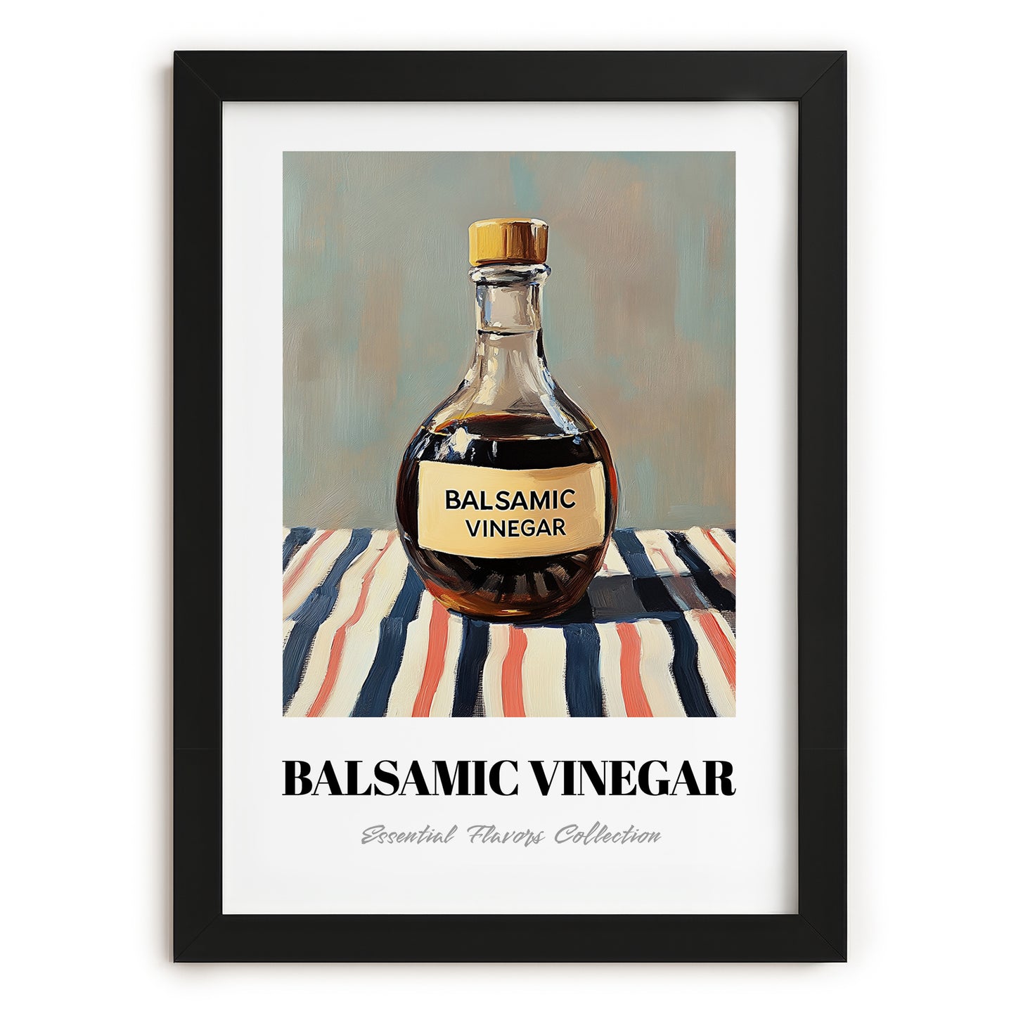 Balsamic Vinegar – on Striped Tablecloth, Pantry Painting, in sleek black frame