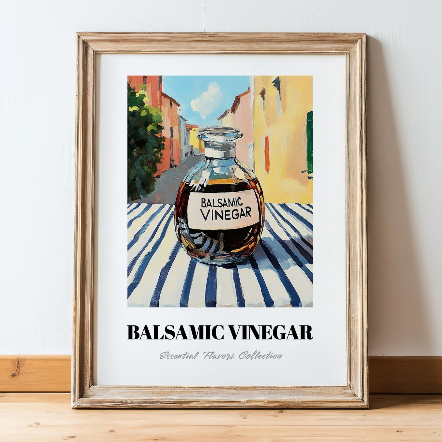 Balsamic Vinegar – Italian Outdoor Café Scene, Pantry Still Life, in wooden frame leaning on the floor