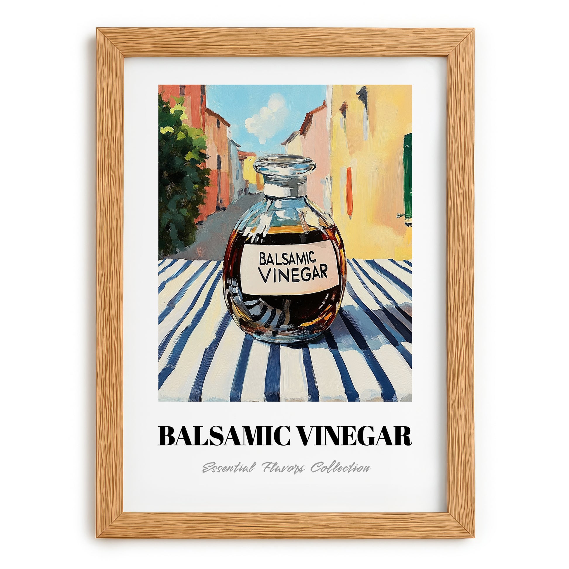 Balsamic Vinegar – Italian Outdoor Café Scene, Pantry Still Life, set in oak frame