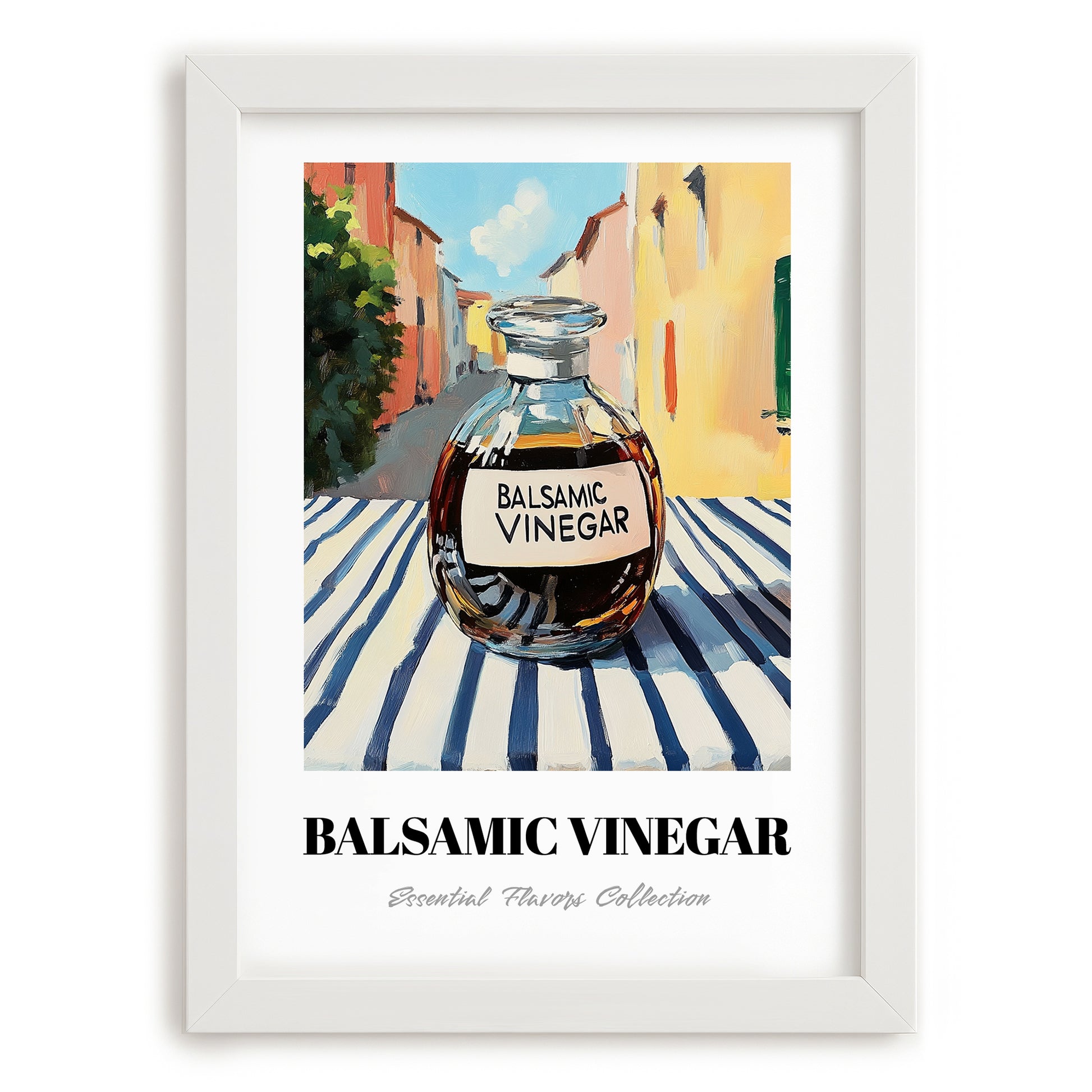 Balsamic Vinegar – Italian Outdoor Café Scene, Pantry Still Life, placed in minimal white frame