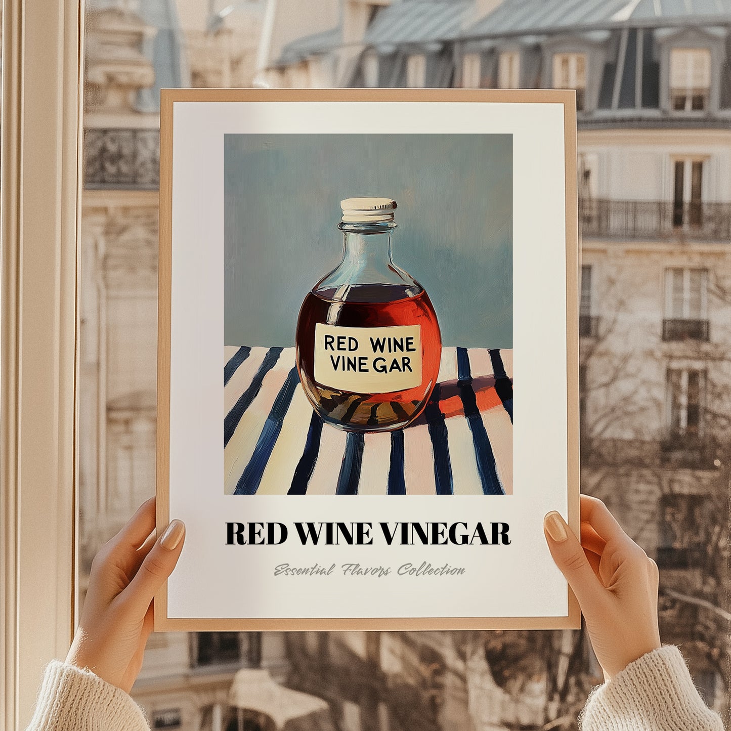 Red Wine Vinegar – on Striped Tablecloth, Shelf Stock Wall Decor, styled in a charming Paris street view