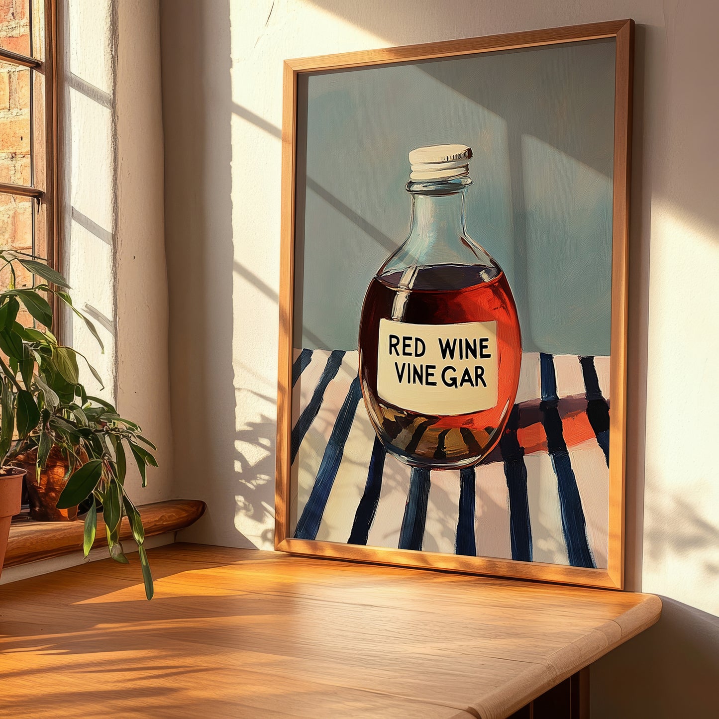 Red Wine Vinegar – on Striped Tablecloth, Shelf Stock Wall Decor, clean layout with no caption