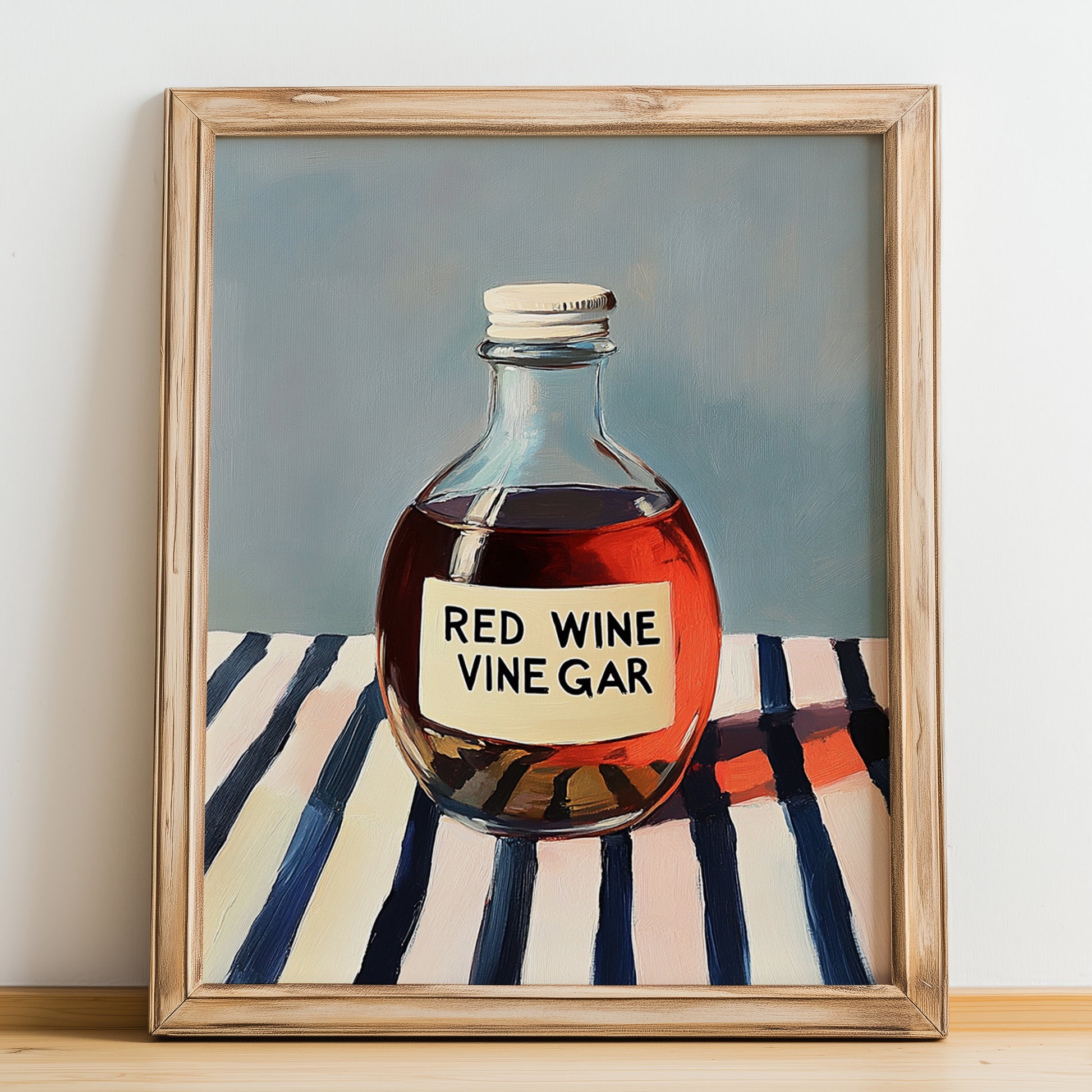 Red Wine Vinegar – on Striped Tablecloth, Shelf Stock Wall Decor, no-text version framed in wood