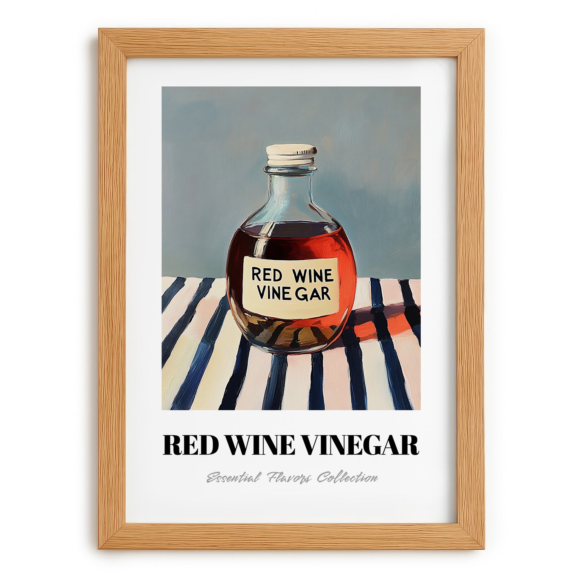 Red Wine Vinegar – on Striped Tablecloth, Shelf Stock Wall Decor, set in oak frame
