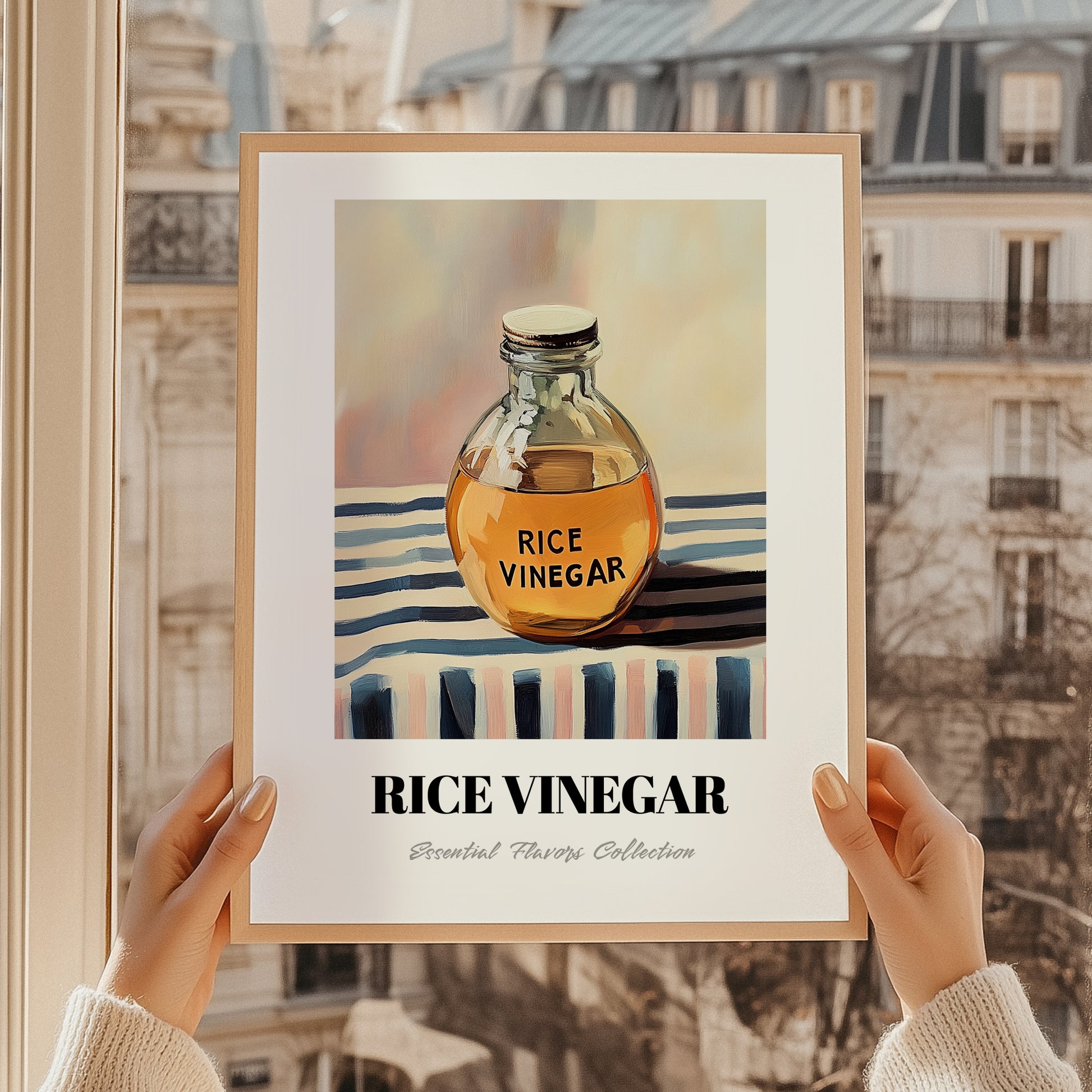 Rice Vinegar – on Striped Tablecloth, Pantry Painting, styled in a charming Paris street view