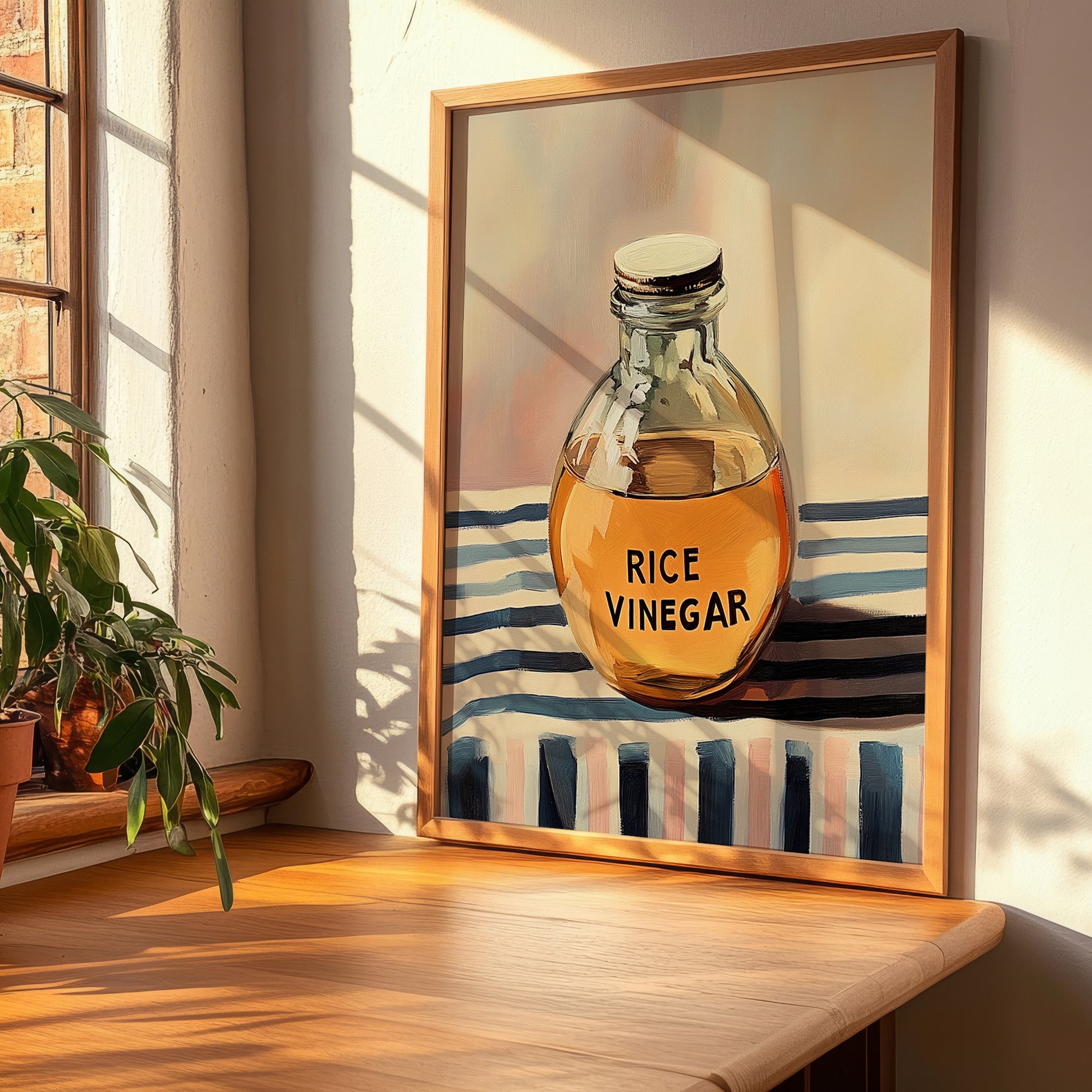 Rice Vinegar – on Striped Tablecloth, Pantry Painting, clean layout with no caption