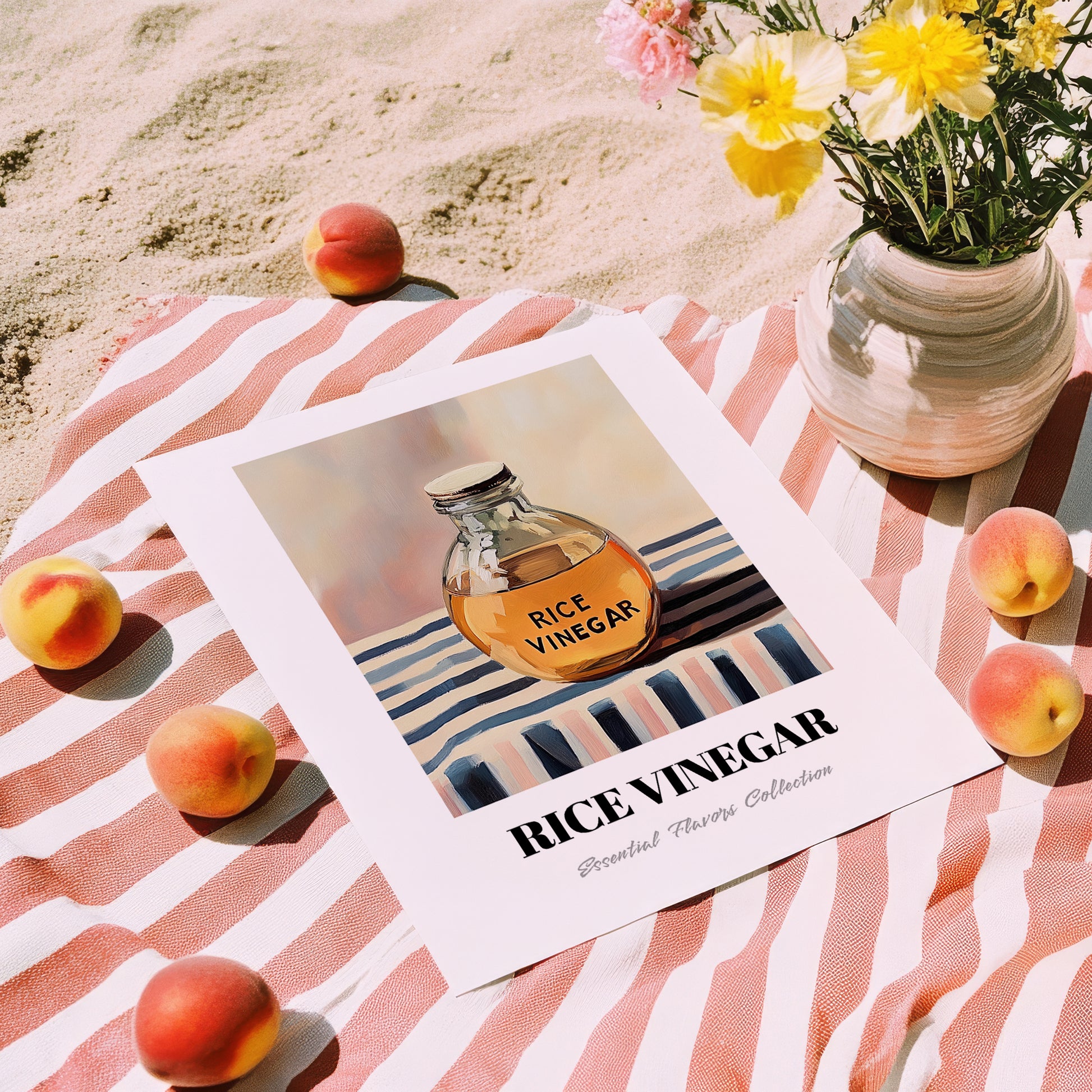 Rice Vinegar – on Striped Tablecloth, Pantry Painting, unframed on coastal sand