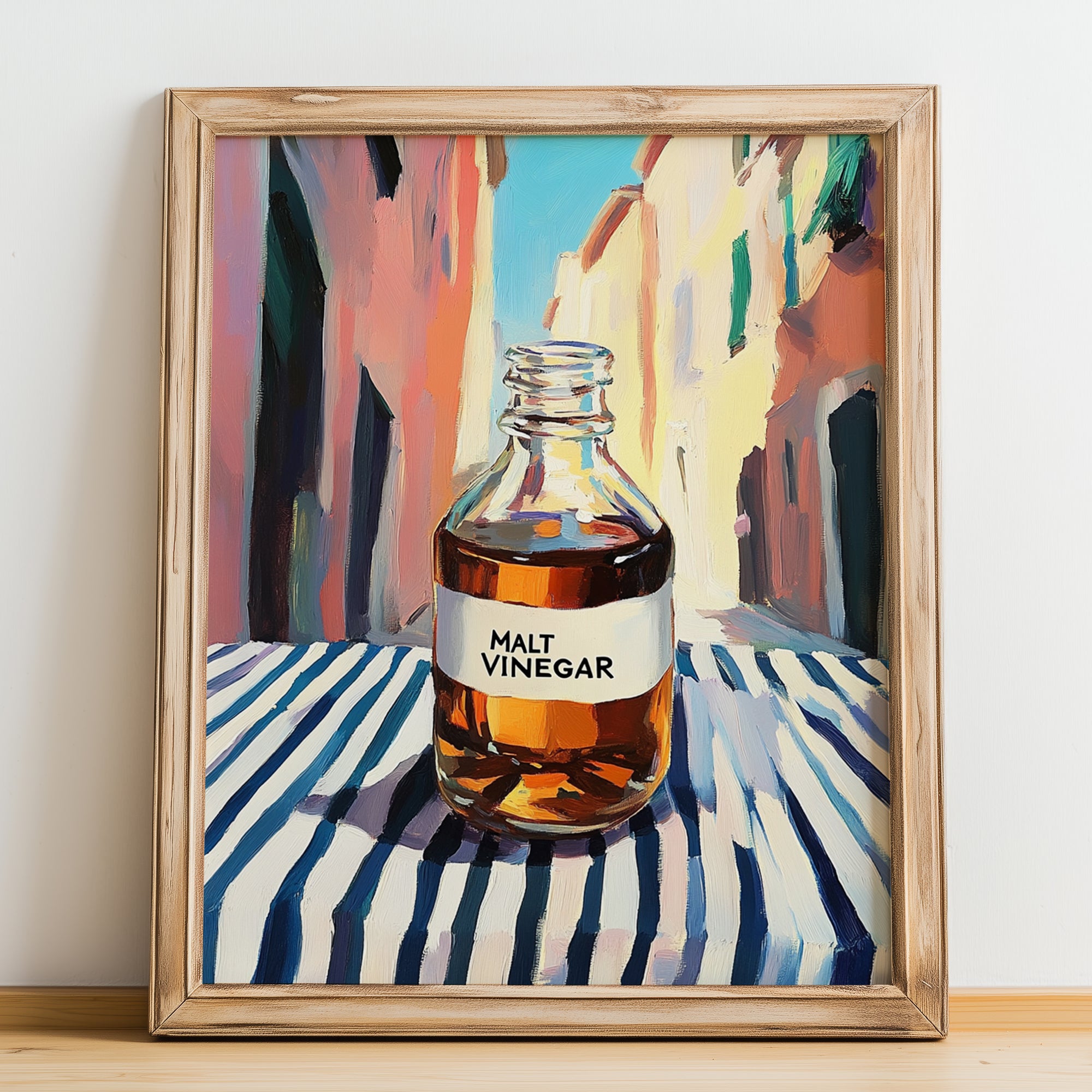 Malt Vinegar – Italian Café on the Corner, Pantry Illustration, no-text version framed in wood