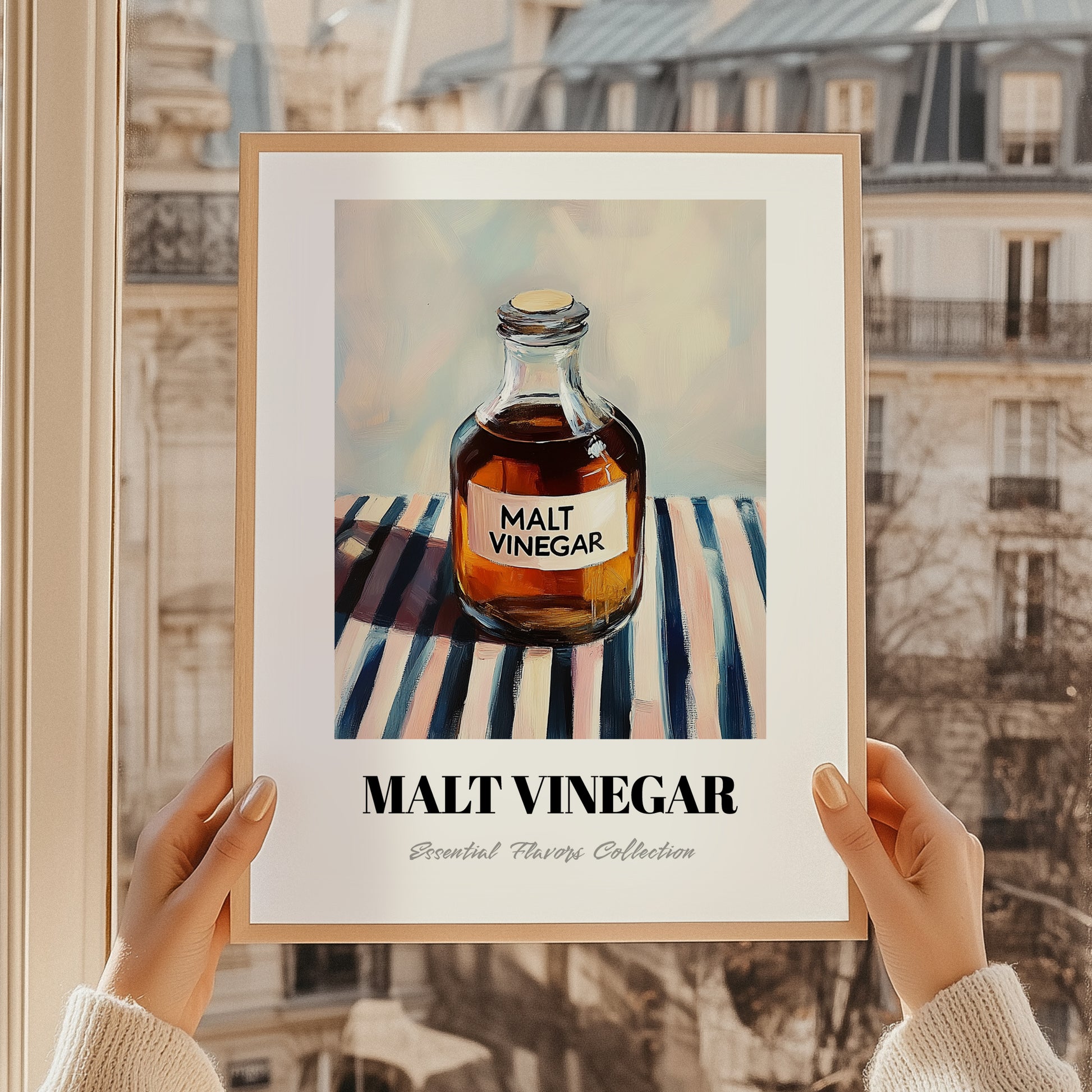 Malt Vinegar – on Striped Tablecloth, Food Stash Still Life, styled in a charming Paris street view
