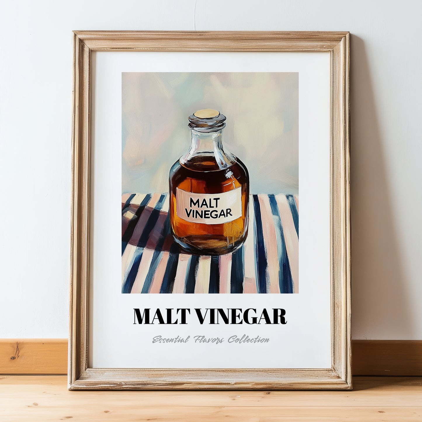 Malt Vinegar – on Striped Tablecloth, Food Stash Still Life, in wooden frame leaning on the floor