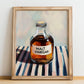 Malt Vinegar – on Striped Tablecloth, Food Stash Still Life, no-text version framed in wood