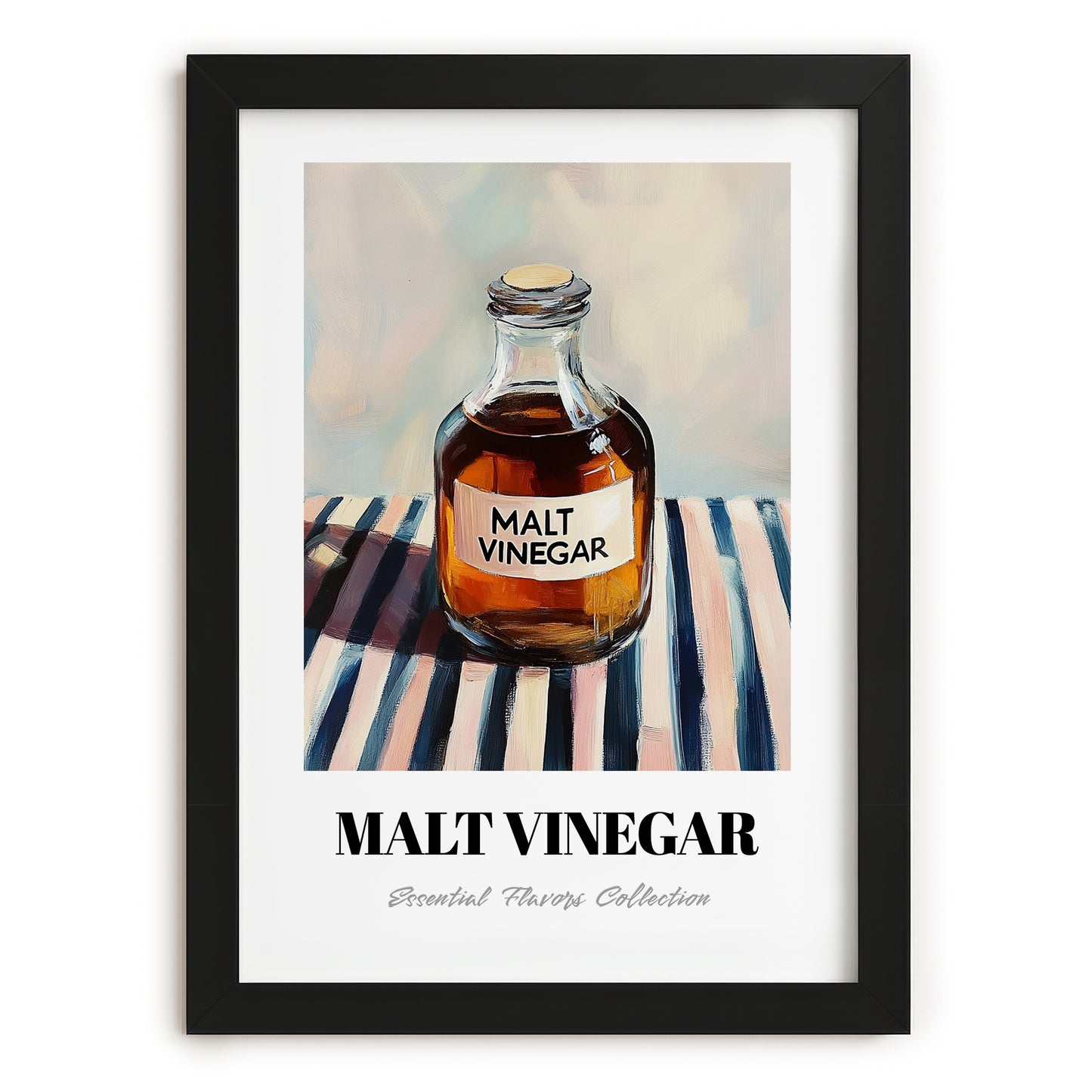 Malt Vinegar – on Striped Tablecloth, Food Stash Still Life, in sleek black frame