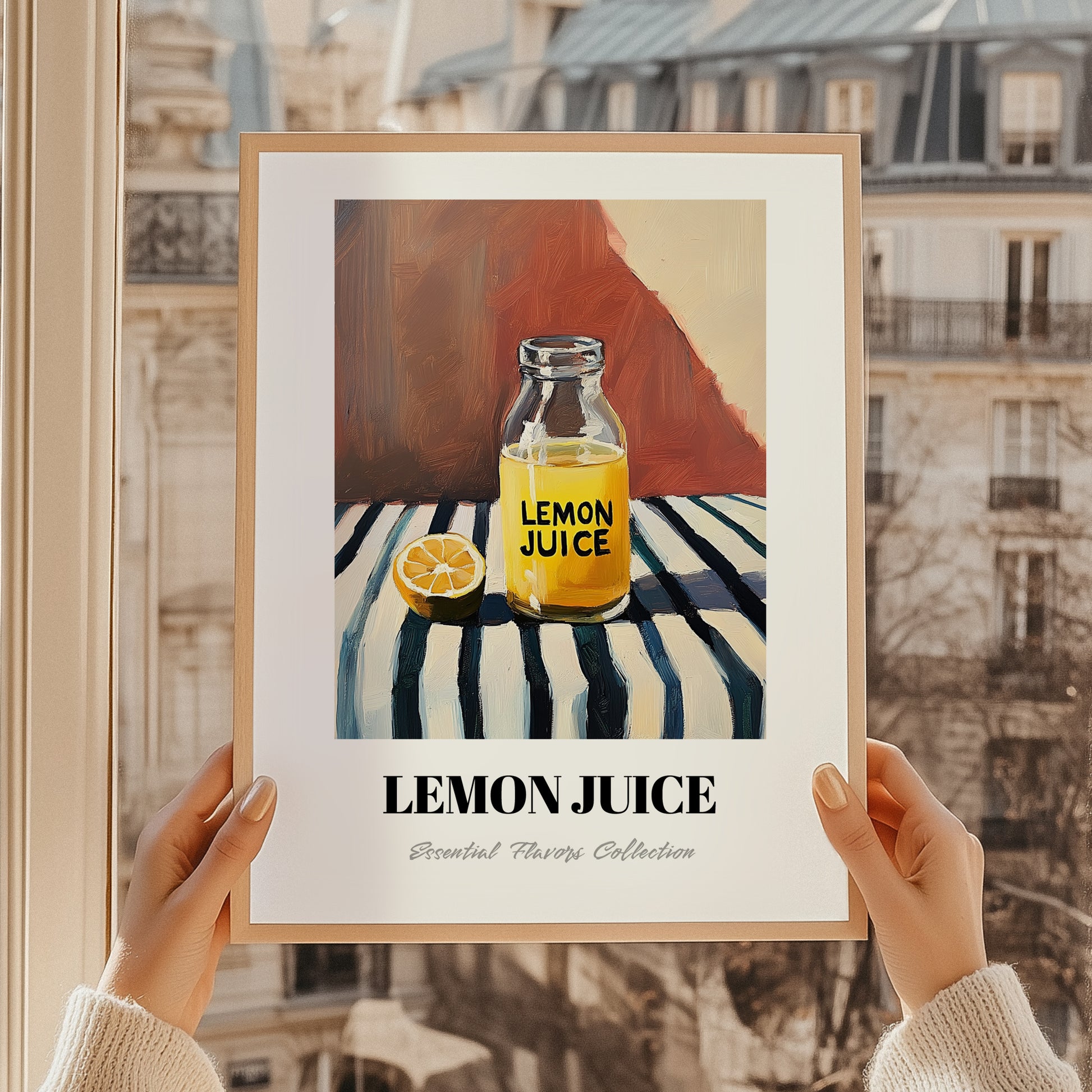 Lemon Juice – on Striped Tablecloth, Ingredients Corner Wall Art, styled in a charming Paris street view