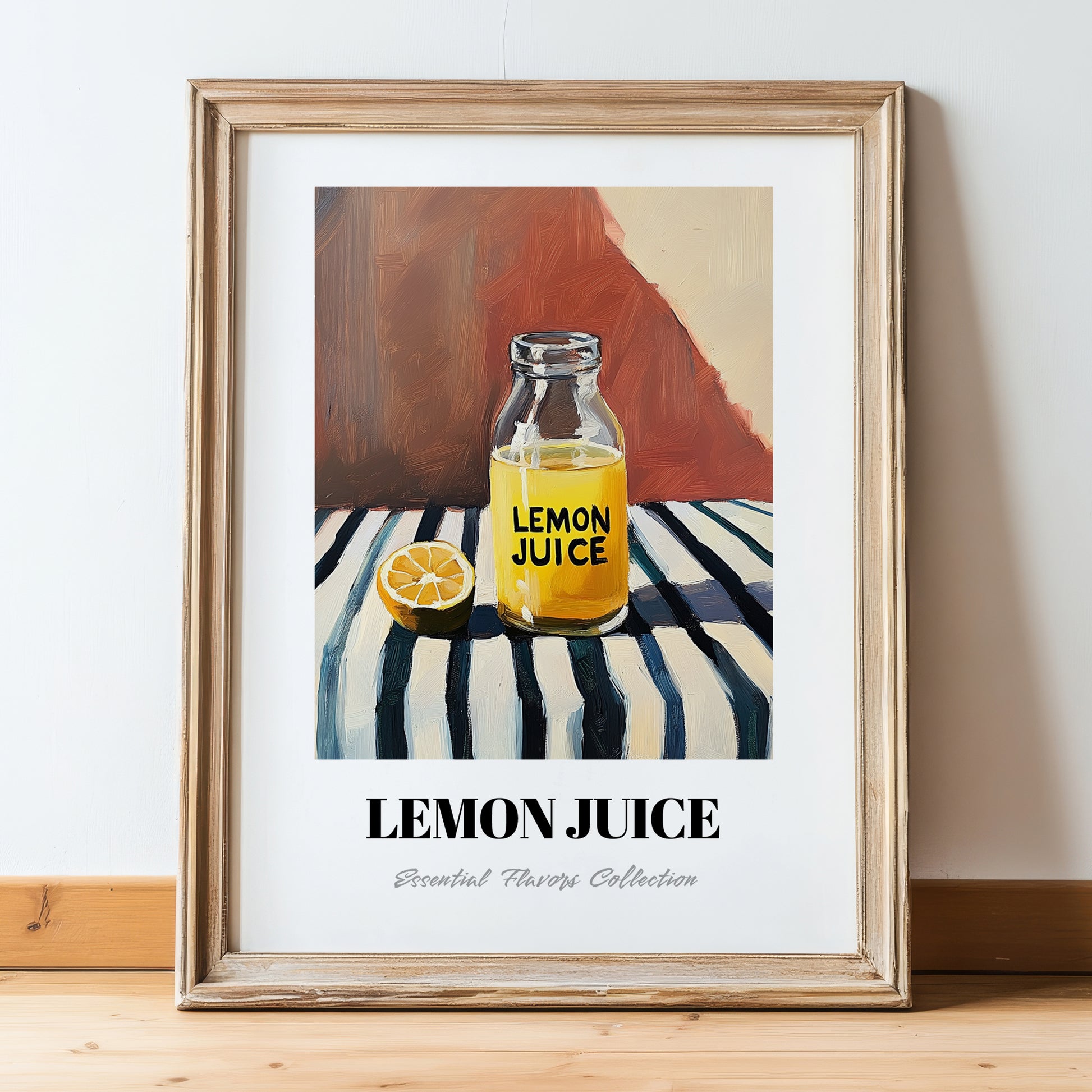 Lemon Juice – on Striped Tablecloth, Ingredients Corner Wall Art, in wooden frame leaning on the floor
