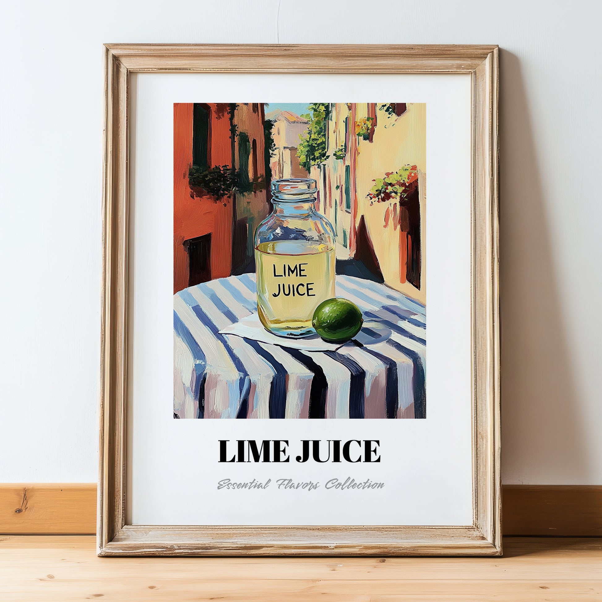 Lime Juice – Italian Street Café Scene, Pantry Still Life, in wooden frame leaning on the floor