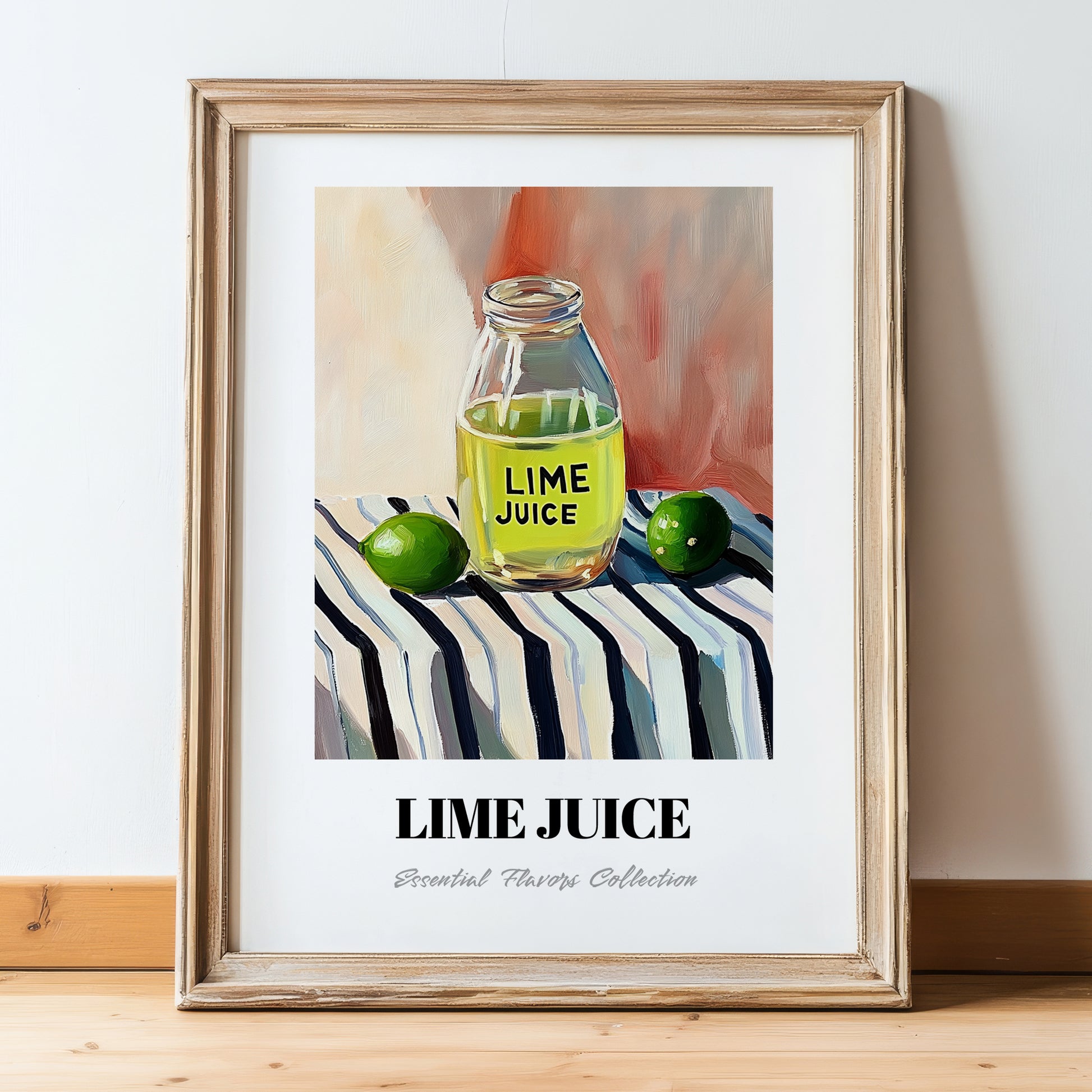 Lime Juice – on Striped Tablecloth, Food Shelf Still Life, in wooden frame leaning on the floor