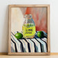 Lime Juice – on Striped Tablecloth, Food Shelf Still Life, no-text version framed in wood