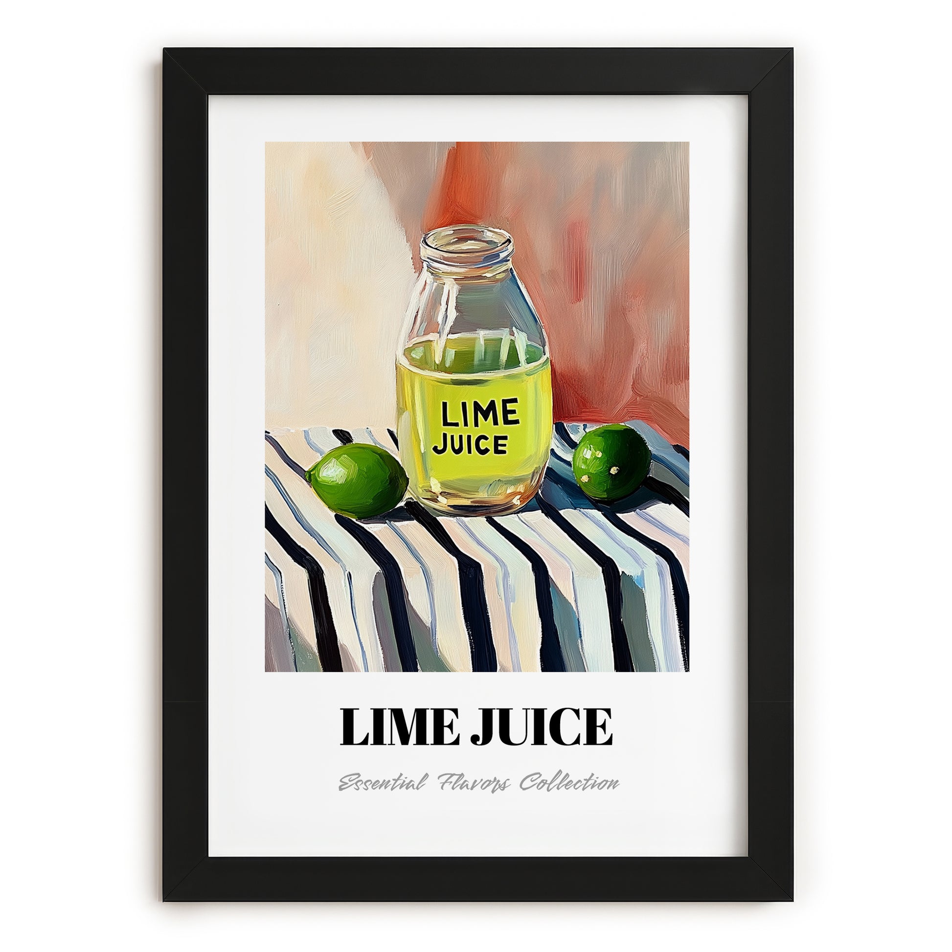 Lime Juice – on Striped Tablecloth, Food Shelf Still Life, in sleek black frame