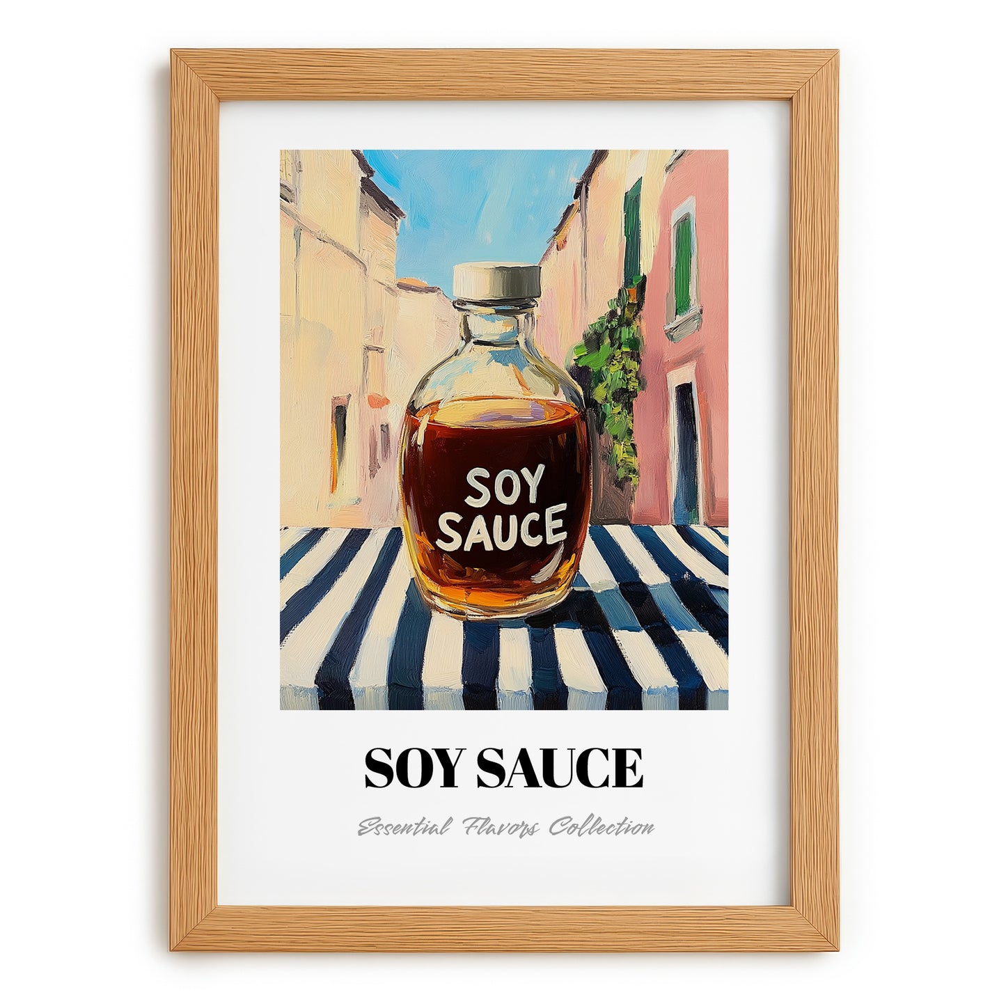Soy Sauce – Italian Urban Café Scene, Kitchen Storage Wall Print, set in oak frame