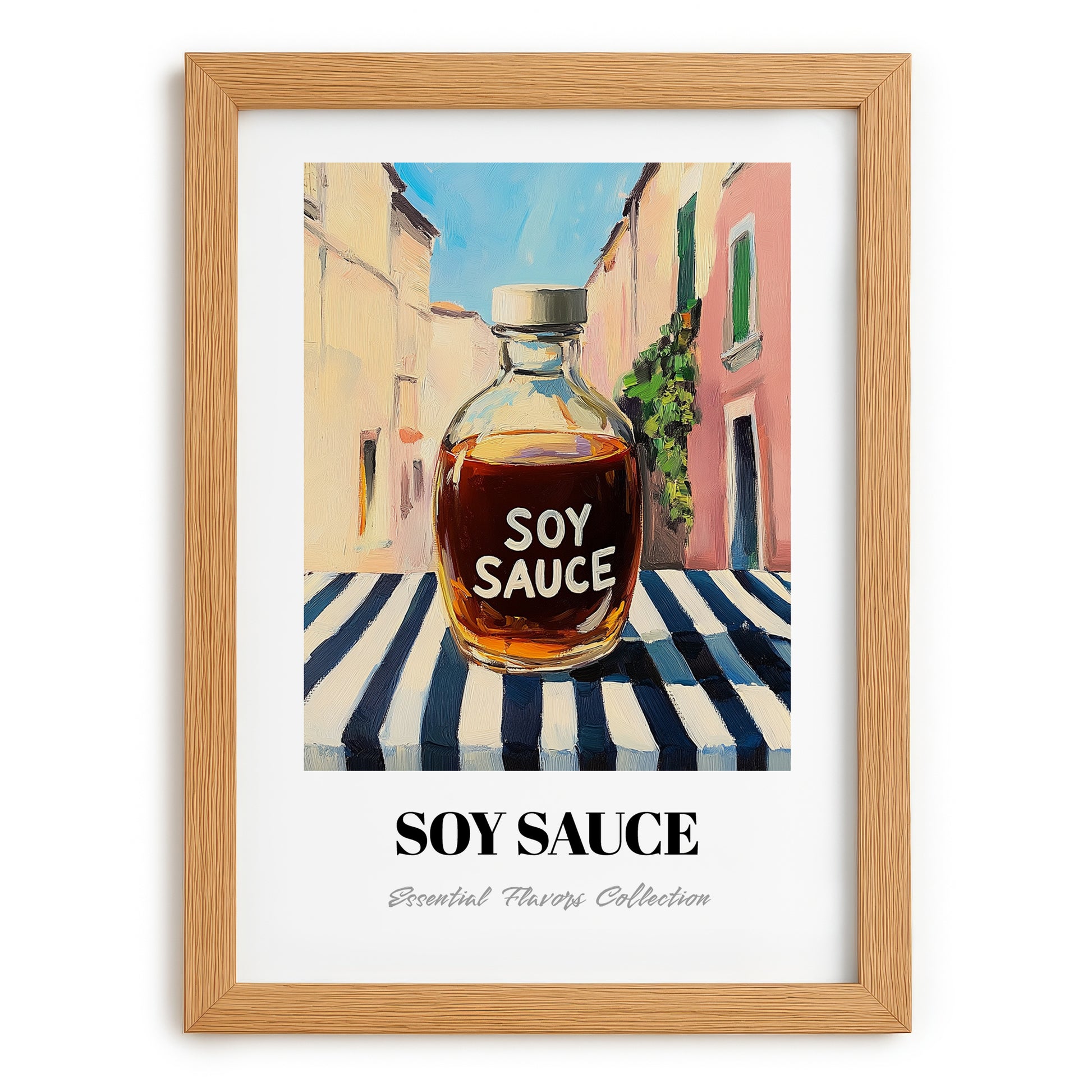 Soy Sauce – Italian Urban Café Scene, Kitchen Storage Wall Print, set in oak frame