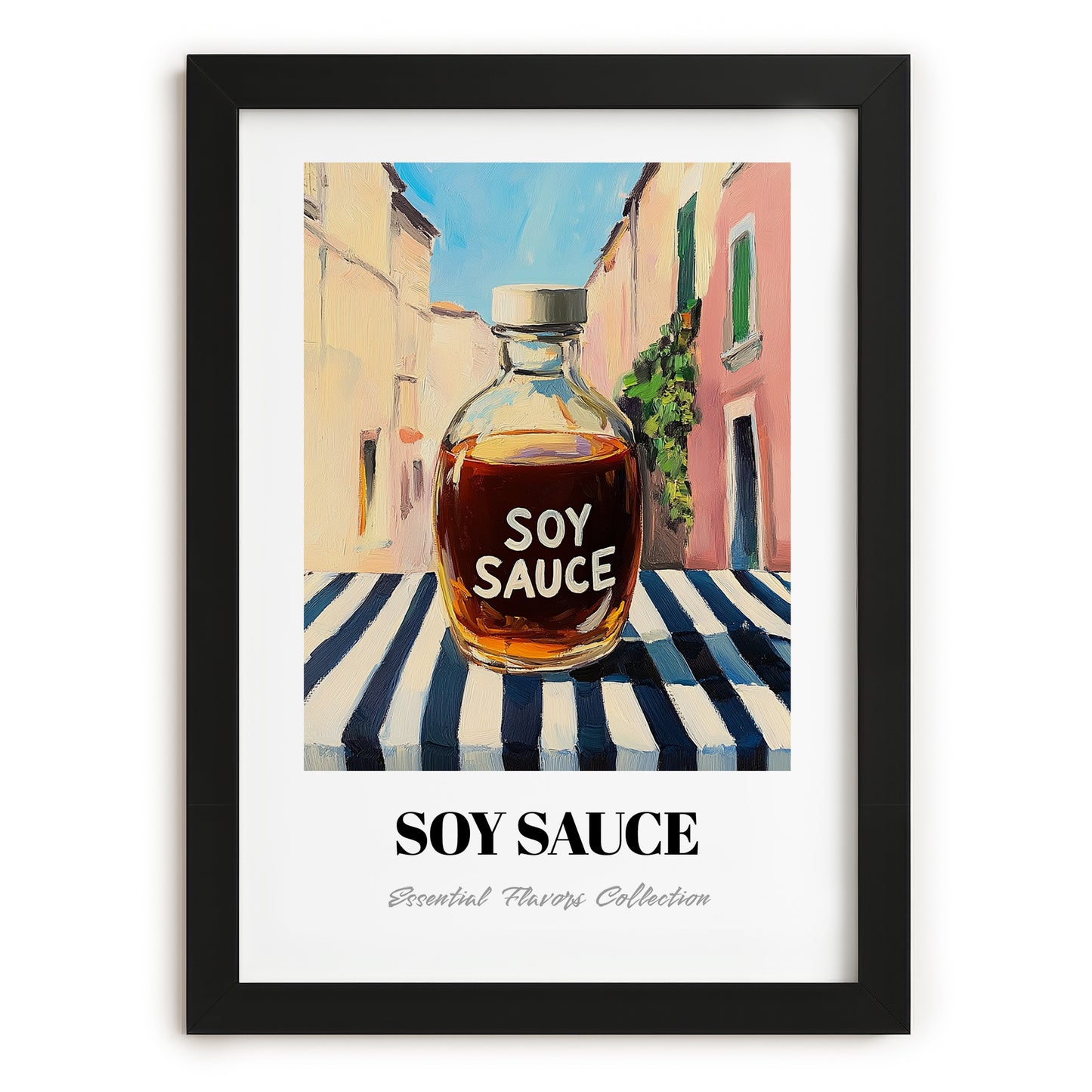 Soy Sauce – Italian Urban Café Scene, Kitchen Storage Wall Print, in sleek black frame