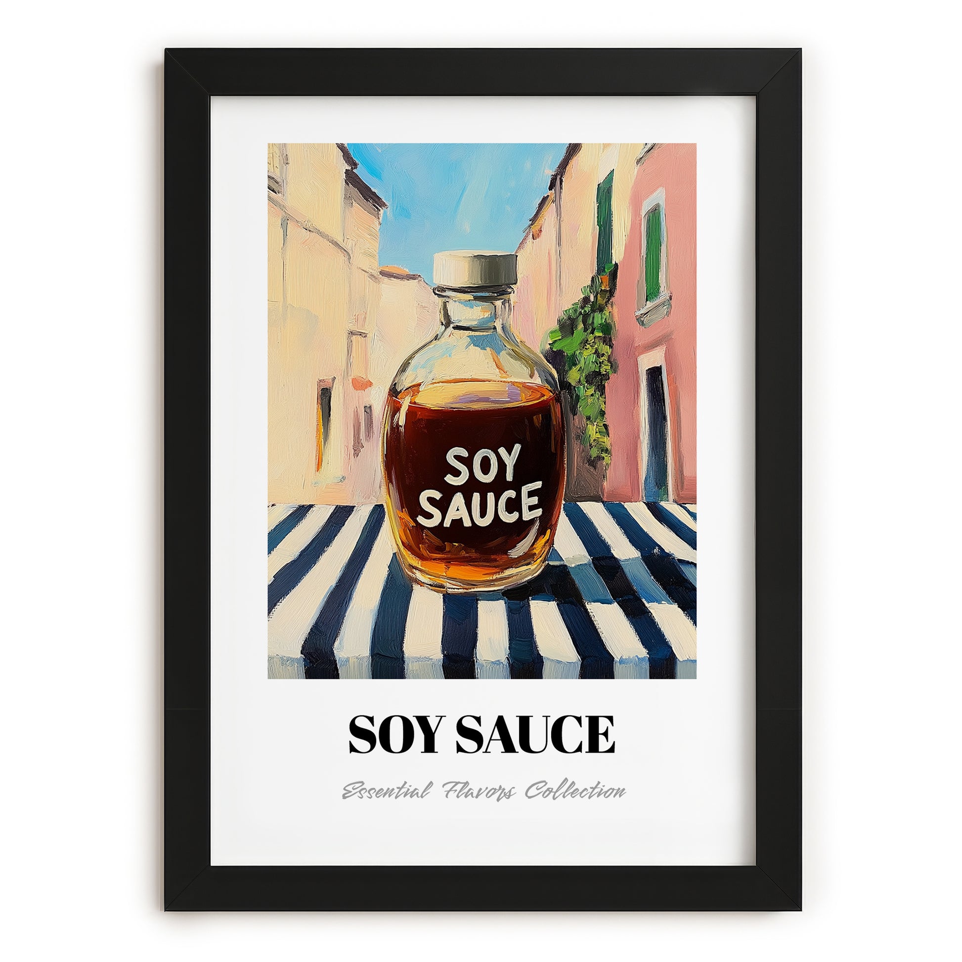 Soy Sauce – Italian Urban Café Scene, Kitchen Storage Wall Print, in sleek black frame