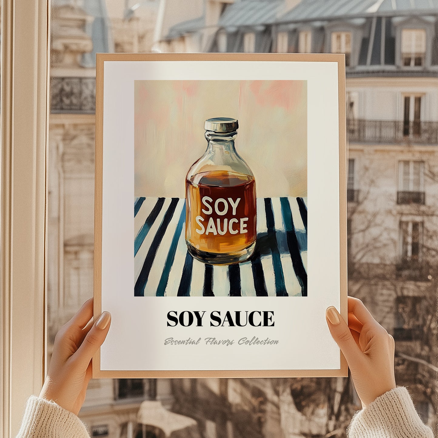 Soy Sauce – on Striped Tablecloth, Food Stash Print, styled in a charming Paris street view