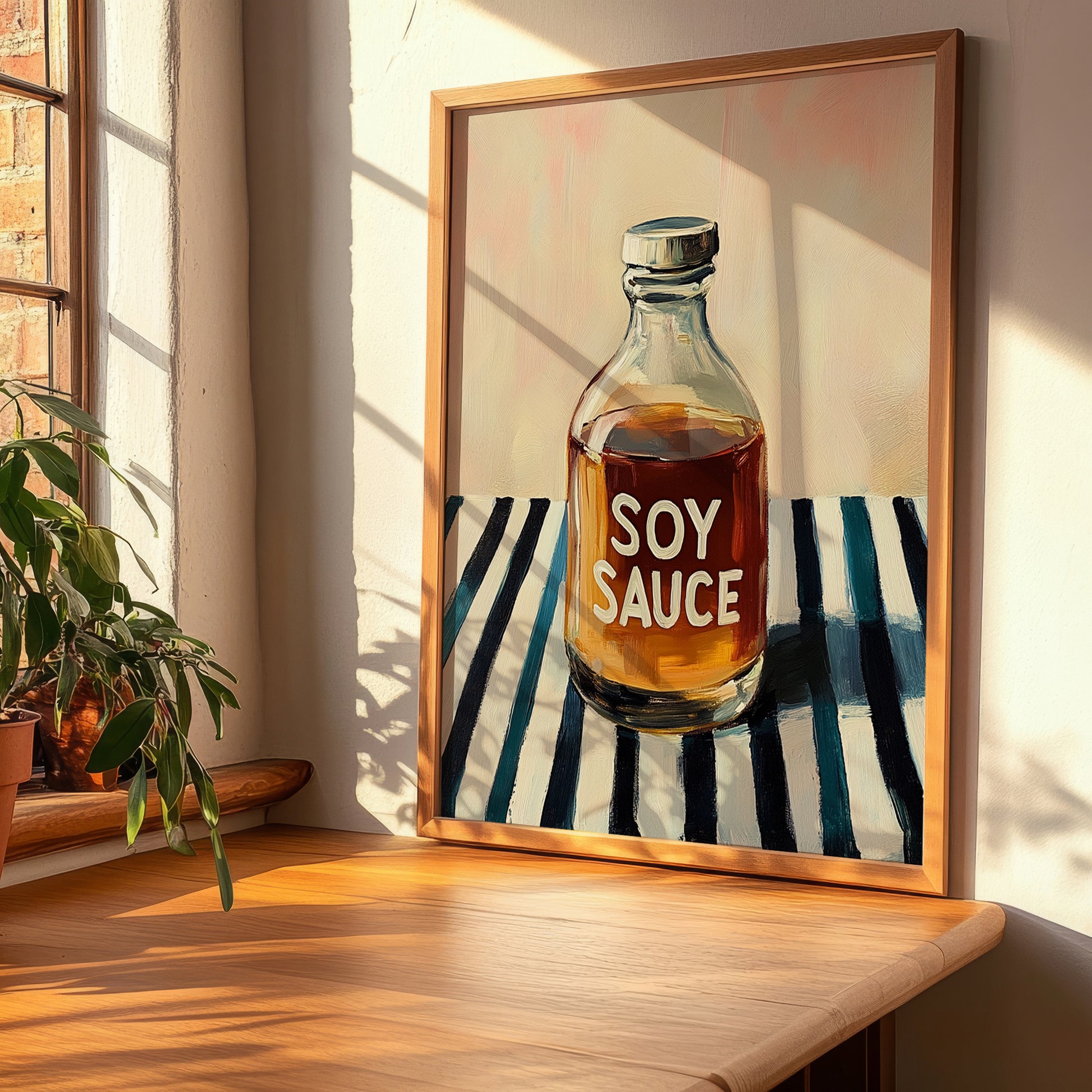 Soy Sauce – on Striped Tablecloth, Food Stash Print, clean layout with no caption