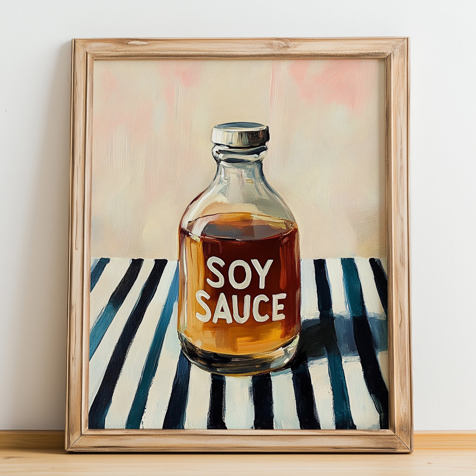 Soy Sauce – on Striped Tablecloth, Food Stash Print, no-text version framed in wood
