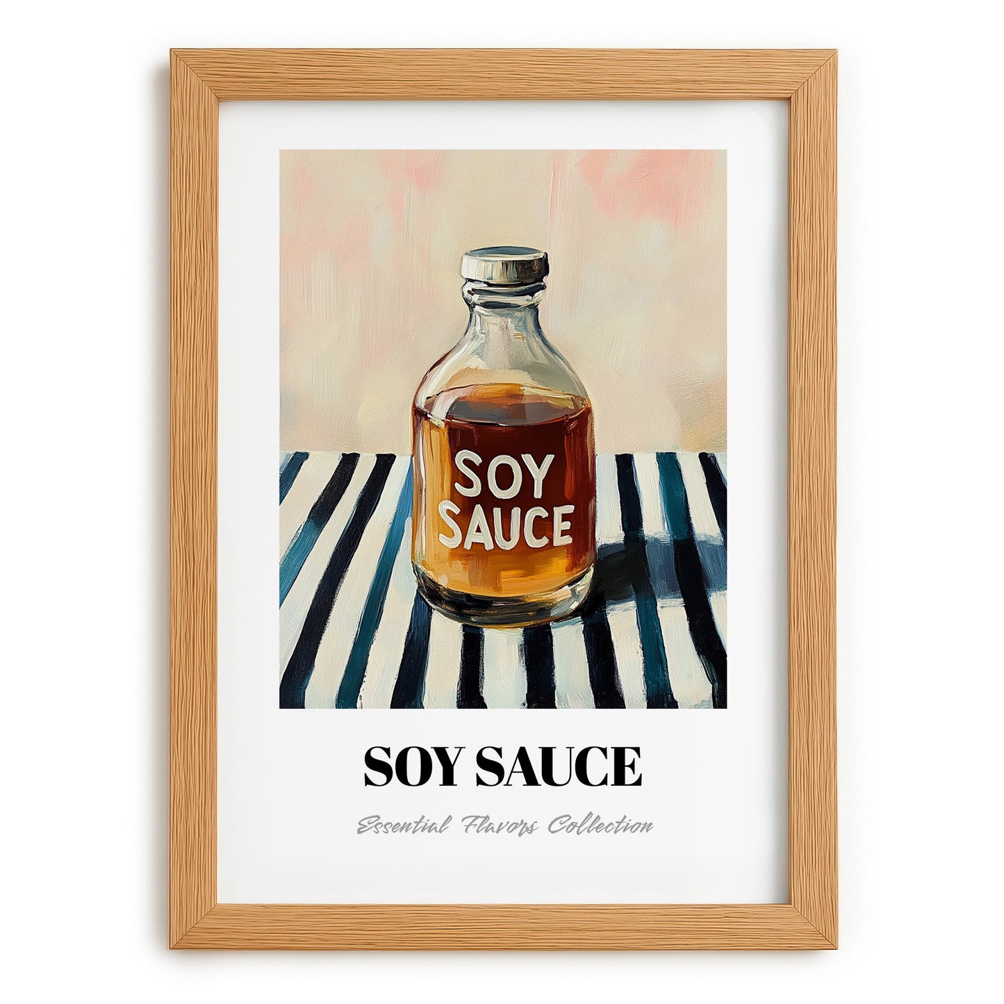 Soy Sauce – on Striped Tablecloth, Food Stash Print, set in oak frame