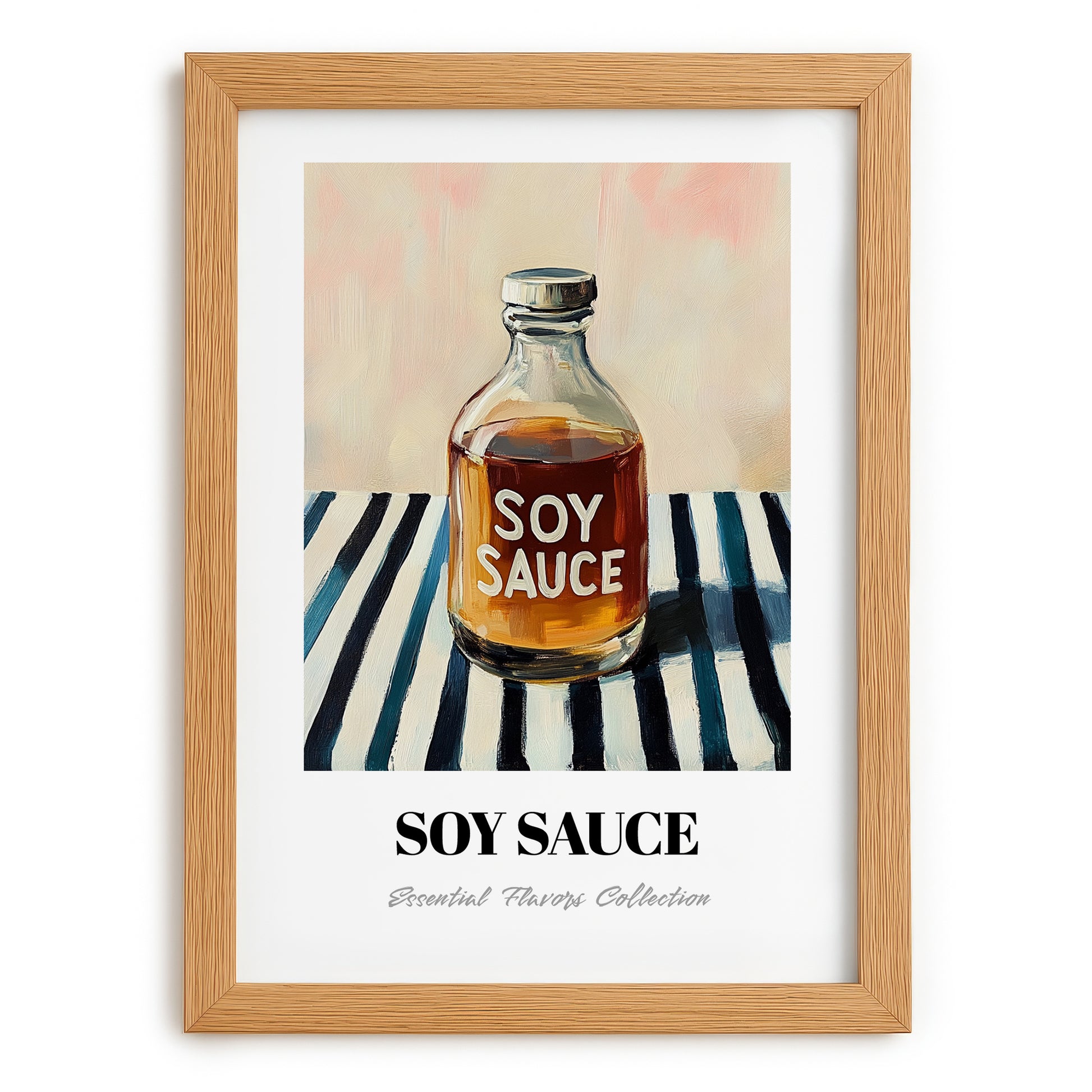Soy Sauce – on Striped Tablecloth, Food Stash Print, set in oak frame