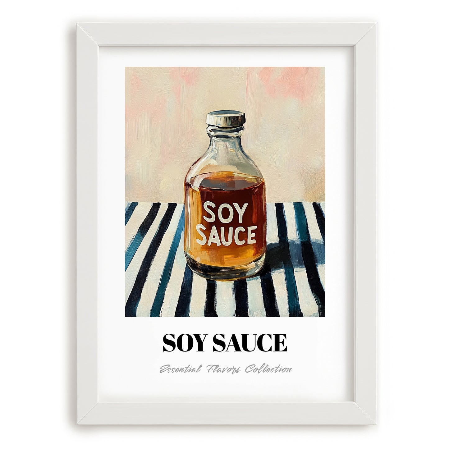 Soy Sauce – on Striped Tablecloth, Food Stash Print, placed in minimal white frame