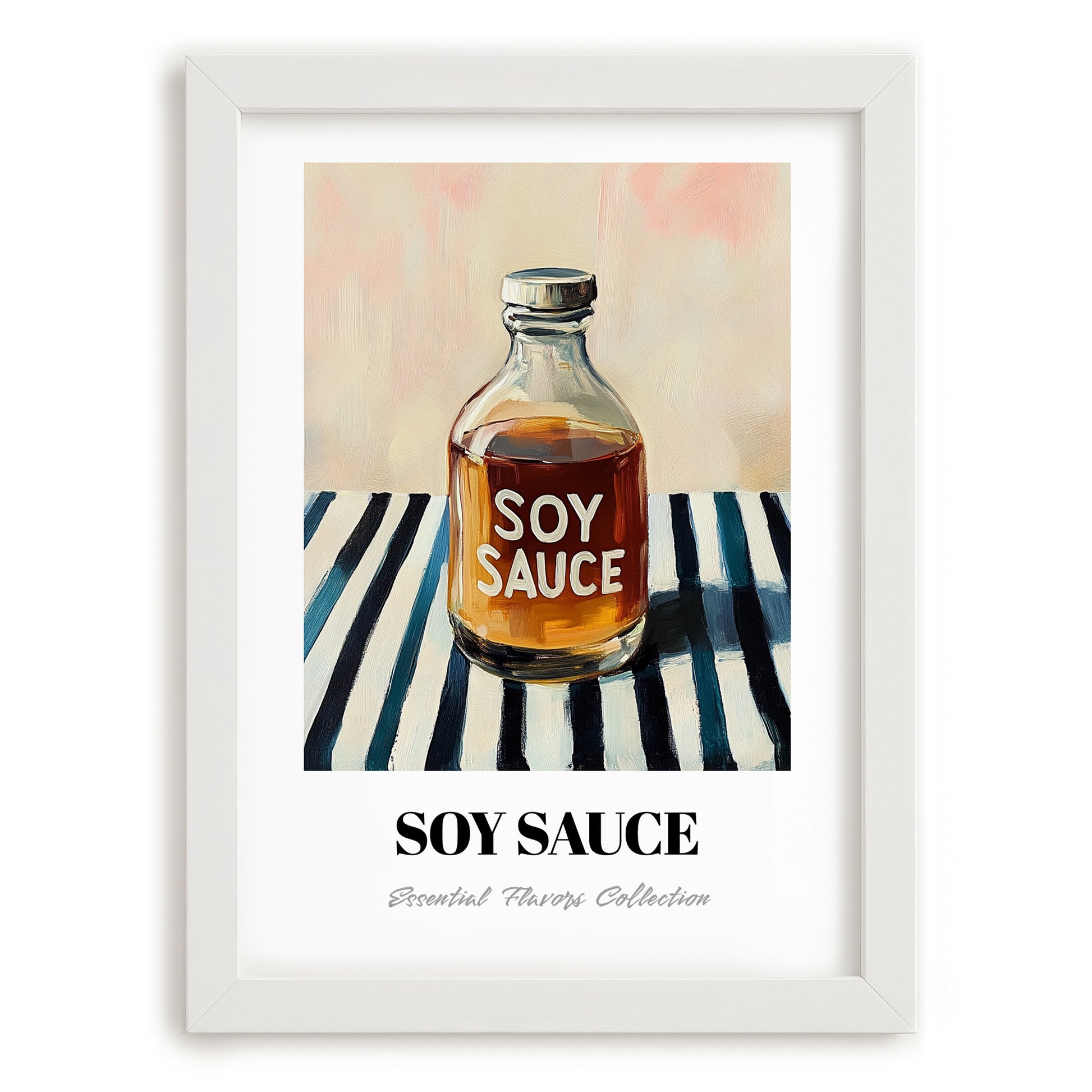 Soy Sauce – on Striped Tablecloth, Food Stash Print, placed in minimal white frame