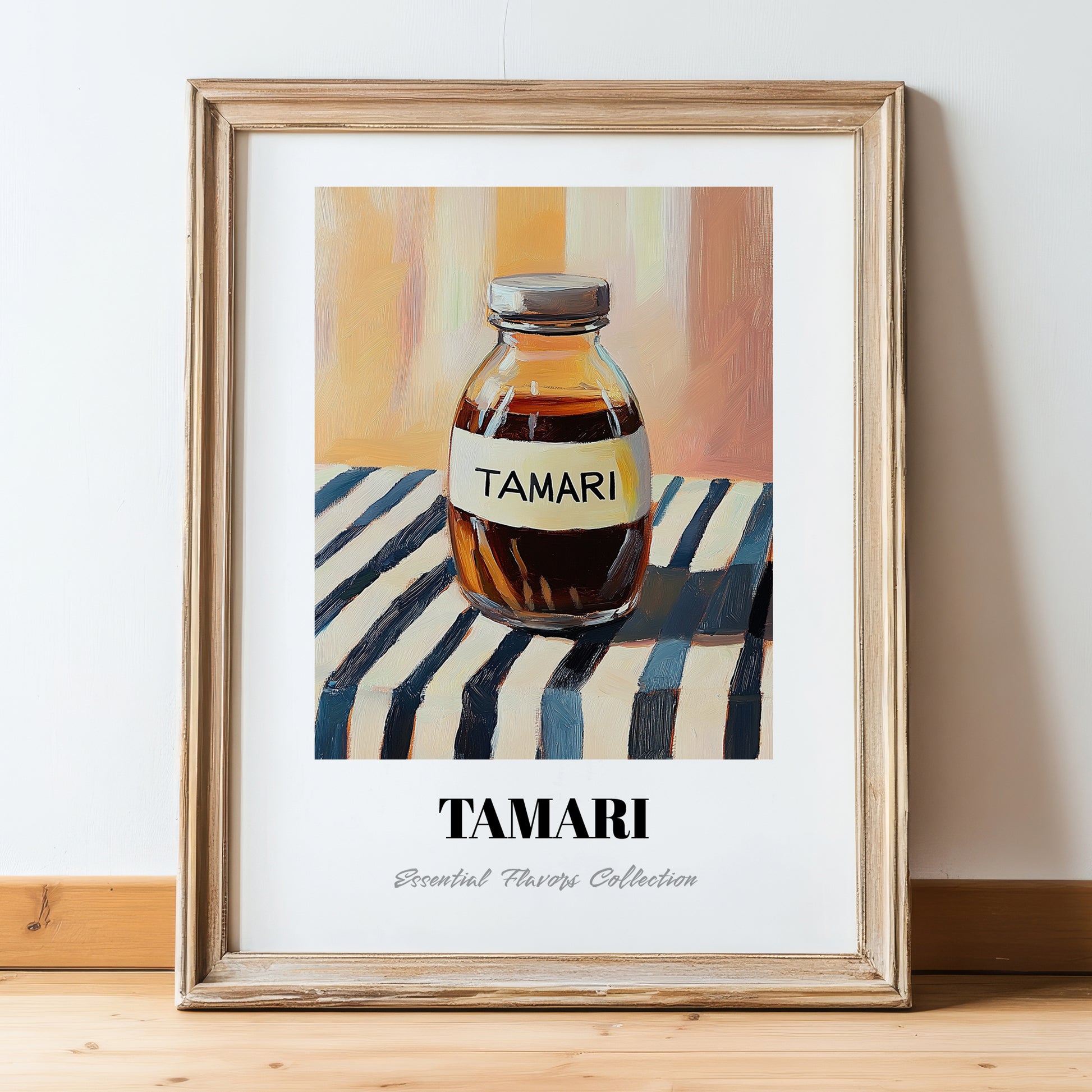 Tamari – on Striped Tablecloth, Pantry Still Life, in wooden frame leaning on the floor