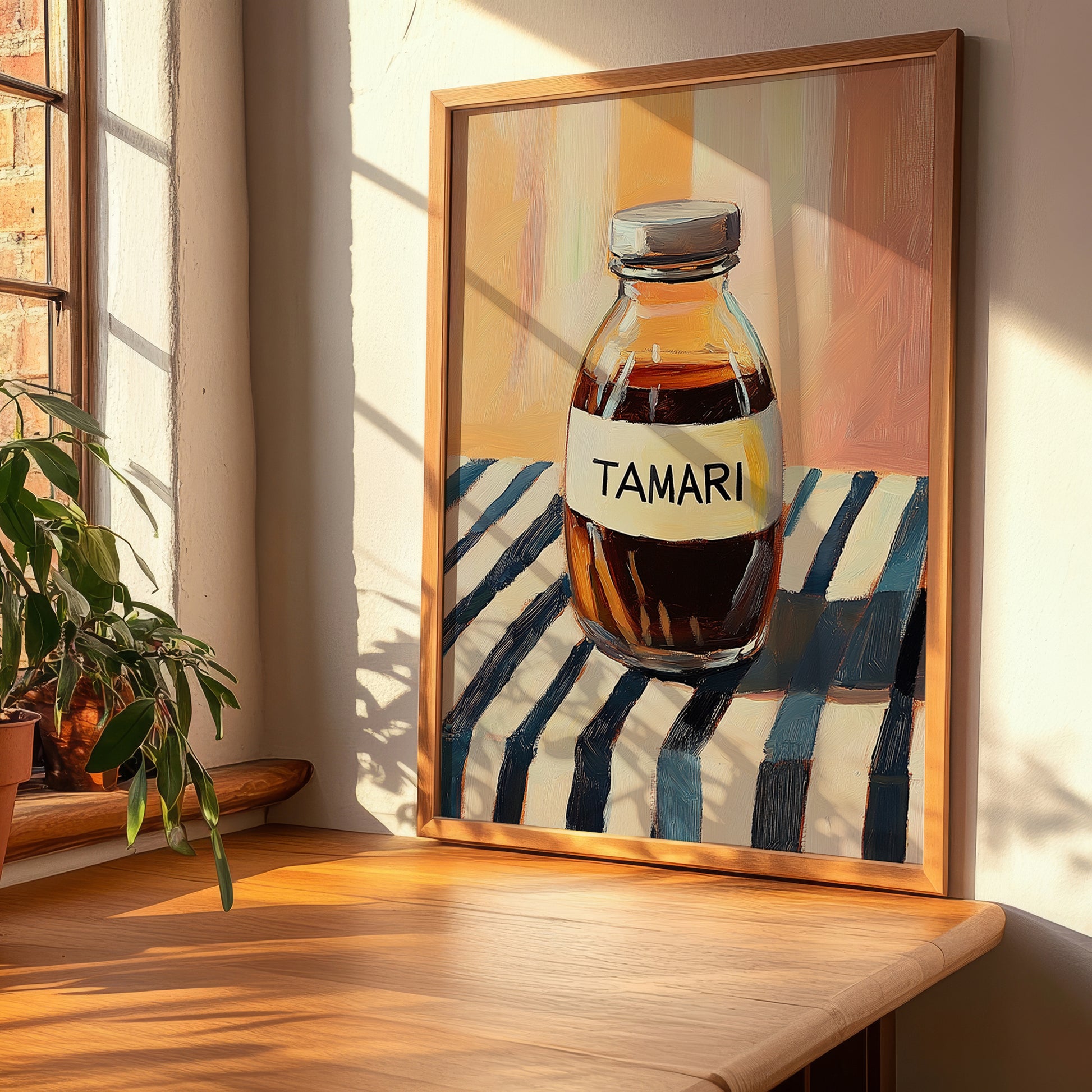 Tamari – on Striped Tablecloth, Pantry Still Life, clean layout with no caption