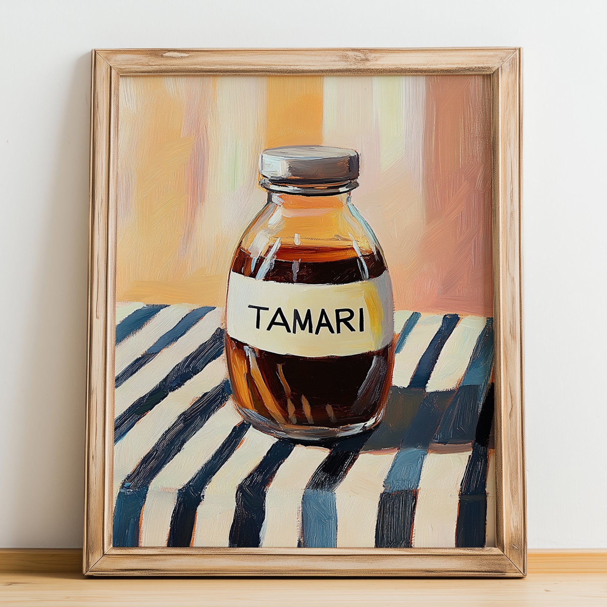 Tamari – on Striped Tablecloth, Pantry Still Life, no-text version framed in wood
