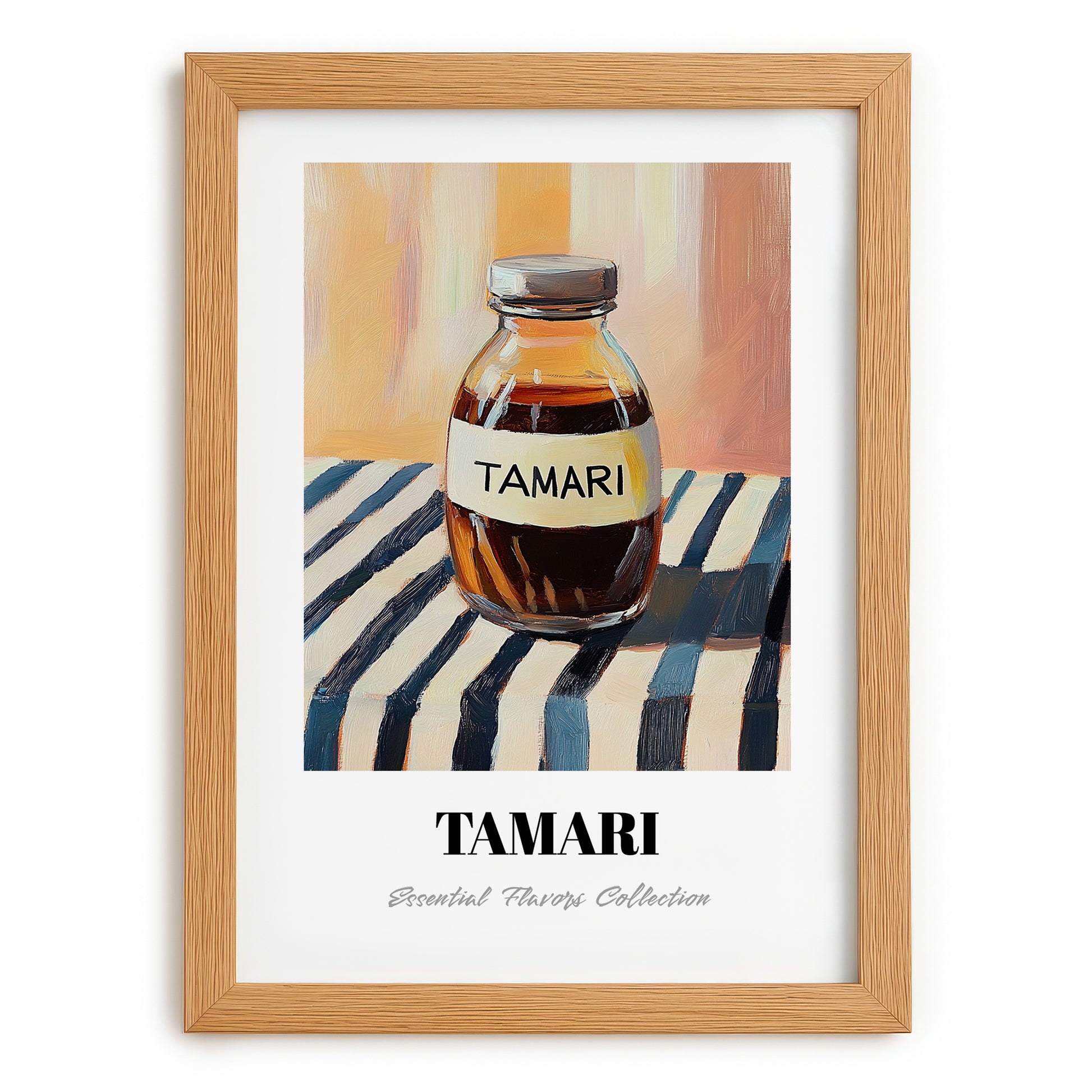 Tamari – on Striped Tablecloth, Pantry Still Life, set in oak frame