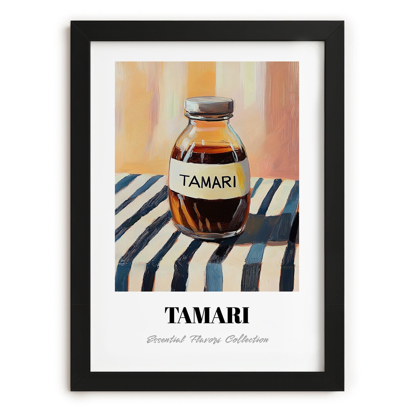 Tamari – on Striped Tablecloth, Pantry Still Life, in sleek black frame