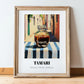 Tamari – Italian Café on the Corner, Dry Goods Illustration, in wooden frame leaning on the floor