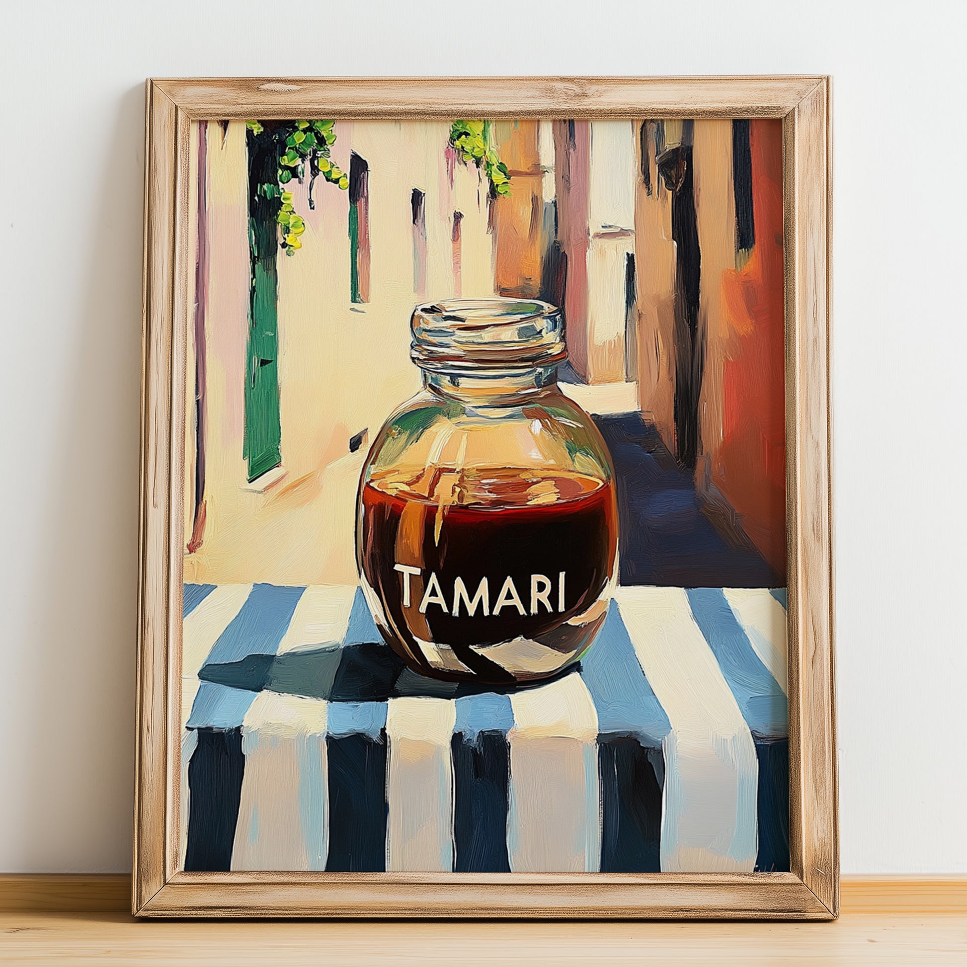 Tamari – Italian Café on the Corner, Dry Goods Illustration, no-text version framed in wood