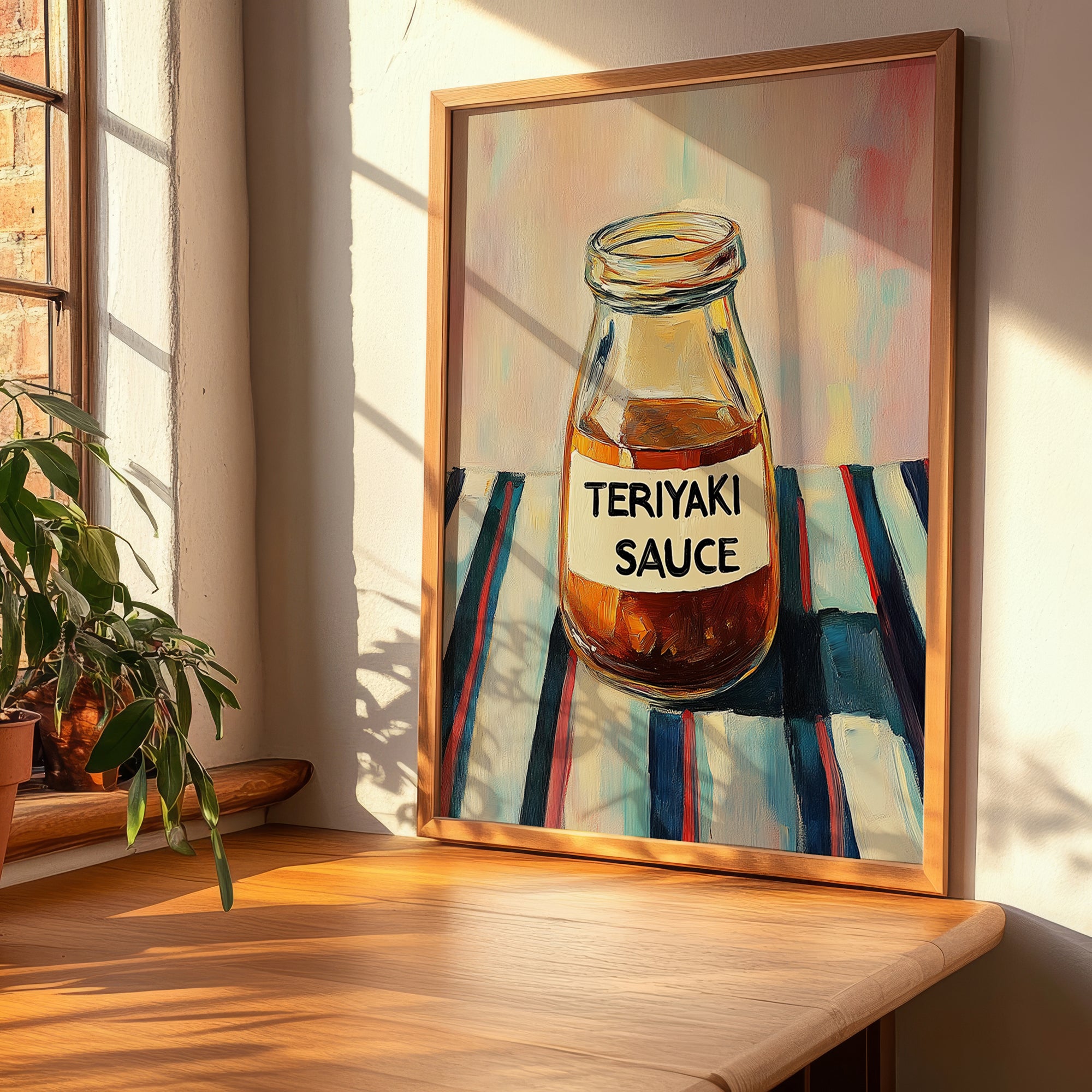 Teriyaki Sauce – on Striped Tablecloth, Ingredients Corner Wall Decor, clean layout with no caption