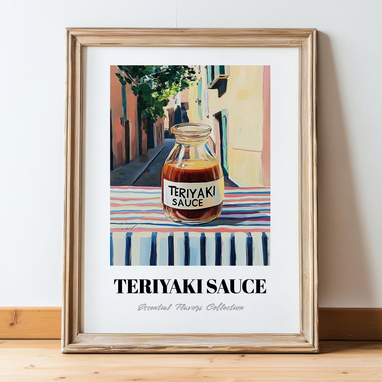 Teriyaki Sauce – Italian Urban Café Scene, Pantry Painting, in wooden frame leaning on the floor