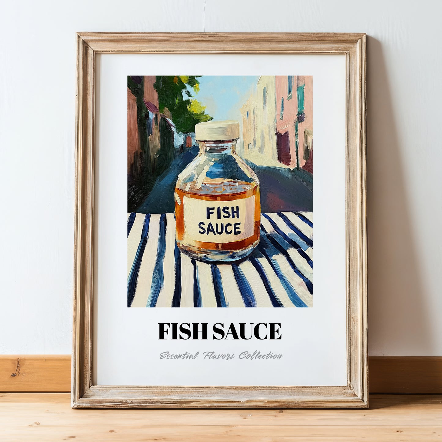 Fish Sauce – Italian Urban Café Scene, Larder Print, in wooden frame leaning on the floor