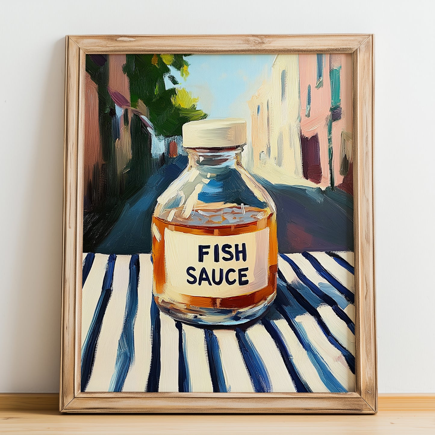 Fish Sauce – Italian Urban Café Scene, Larder Print, no-text version framed in wood