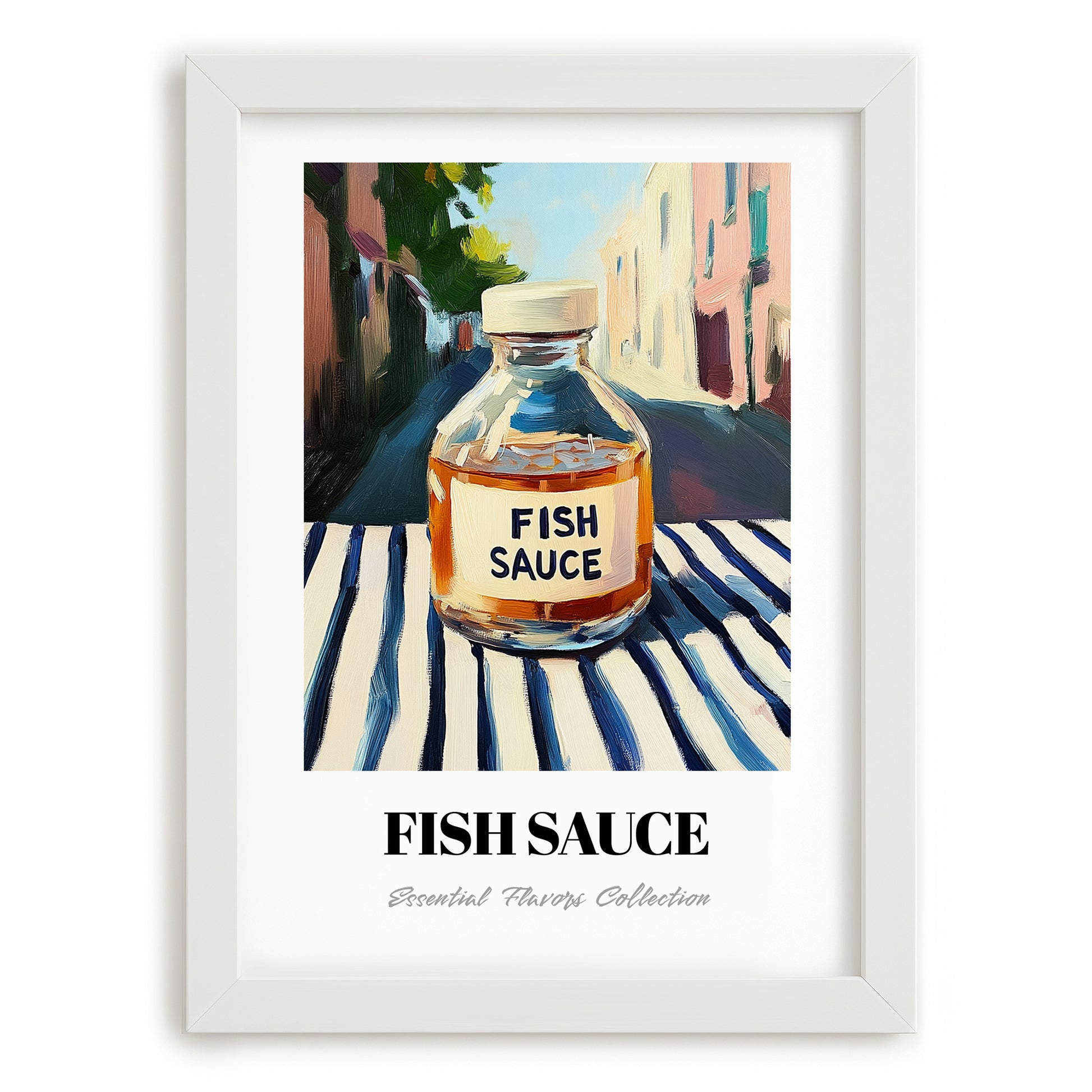 Fish Sauce – Italian Urban Café Scene, Larder Print, placed in minimal white frame