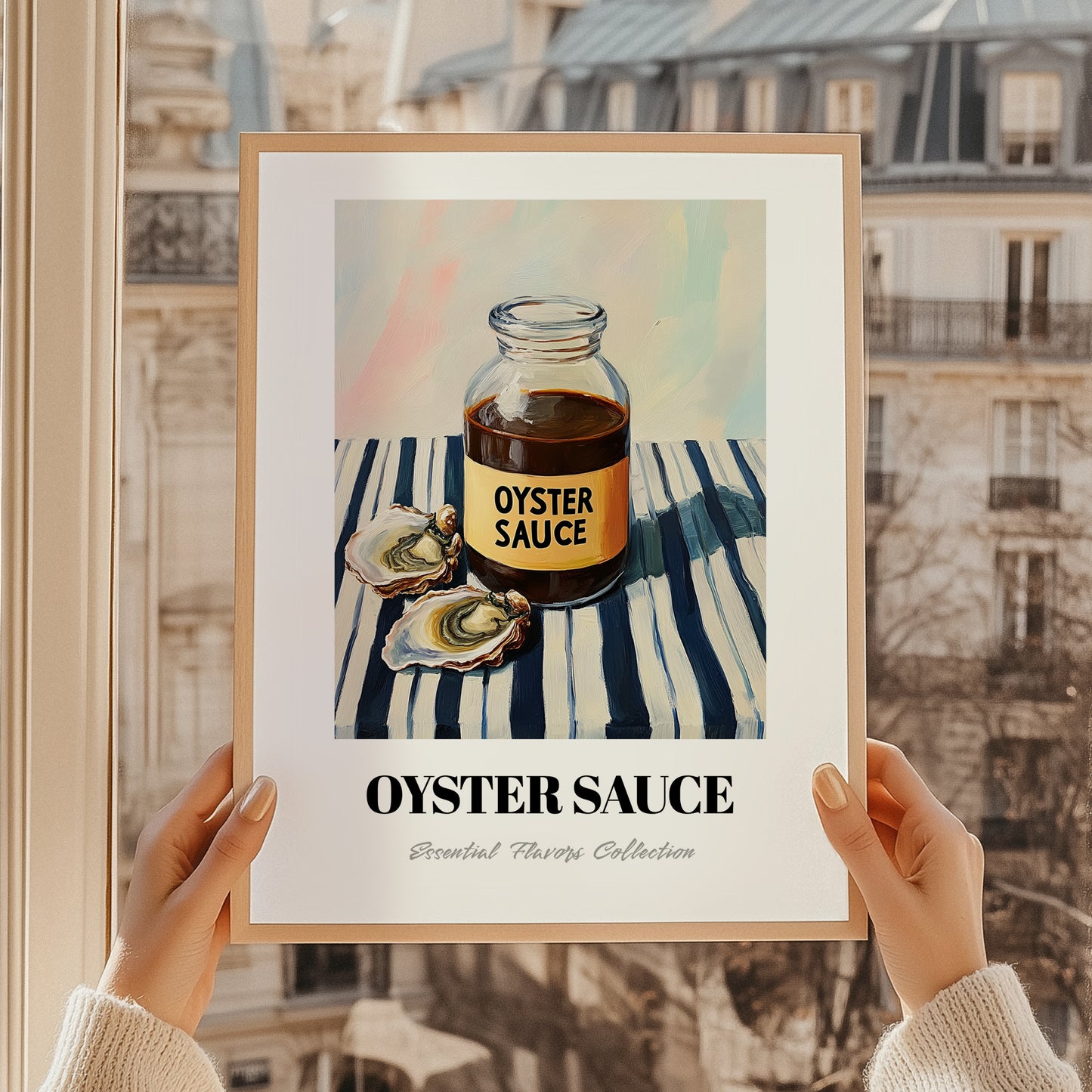 Oyster Sauce – on Striped Tablecloth, Grocery Painting, styled in a charming Paris street view